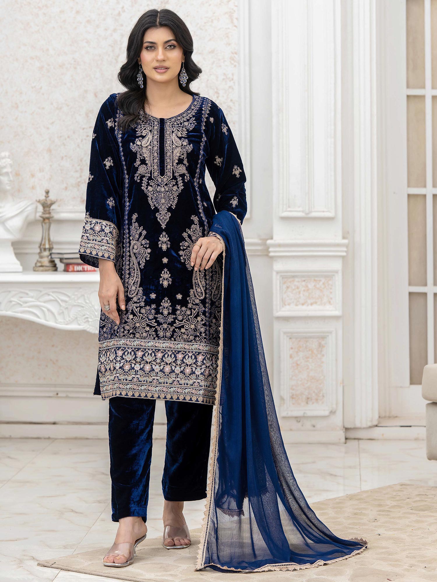 Rangz Lux Velvet Embroidered 3-Piece Suit - Blue