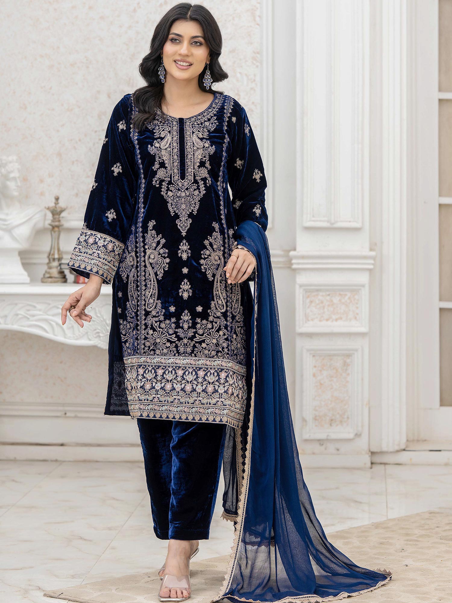 Rangz Lux Velvet Embroidered 3-Piece Suit - Blue