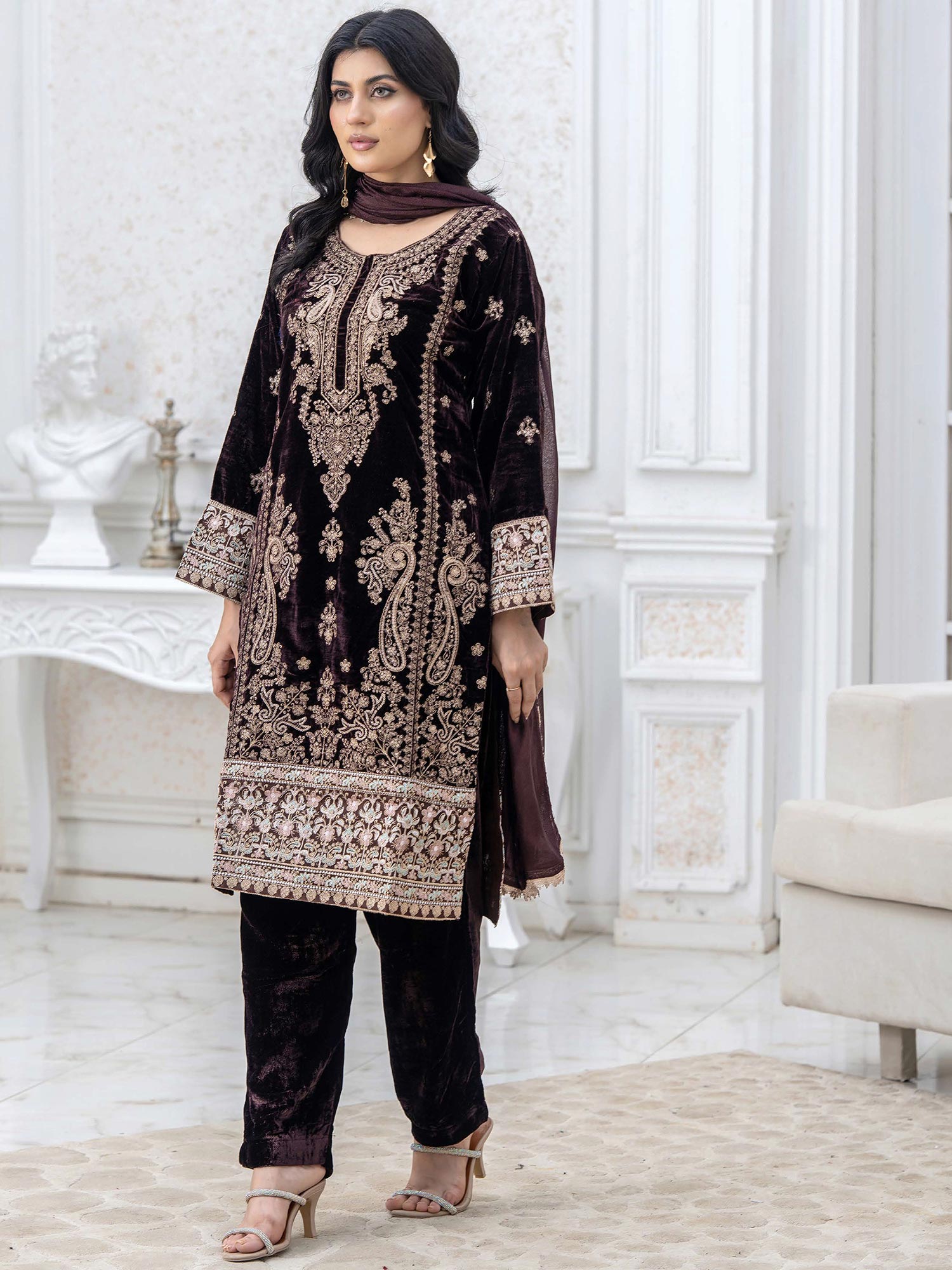 Rangz Lux Velvet Embroidered 3-Piece Suit - Brown