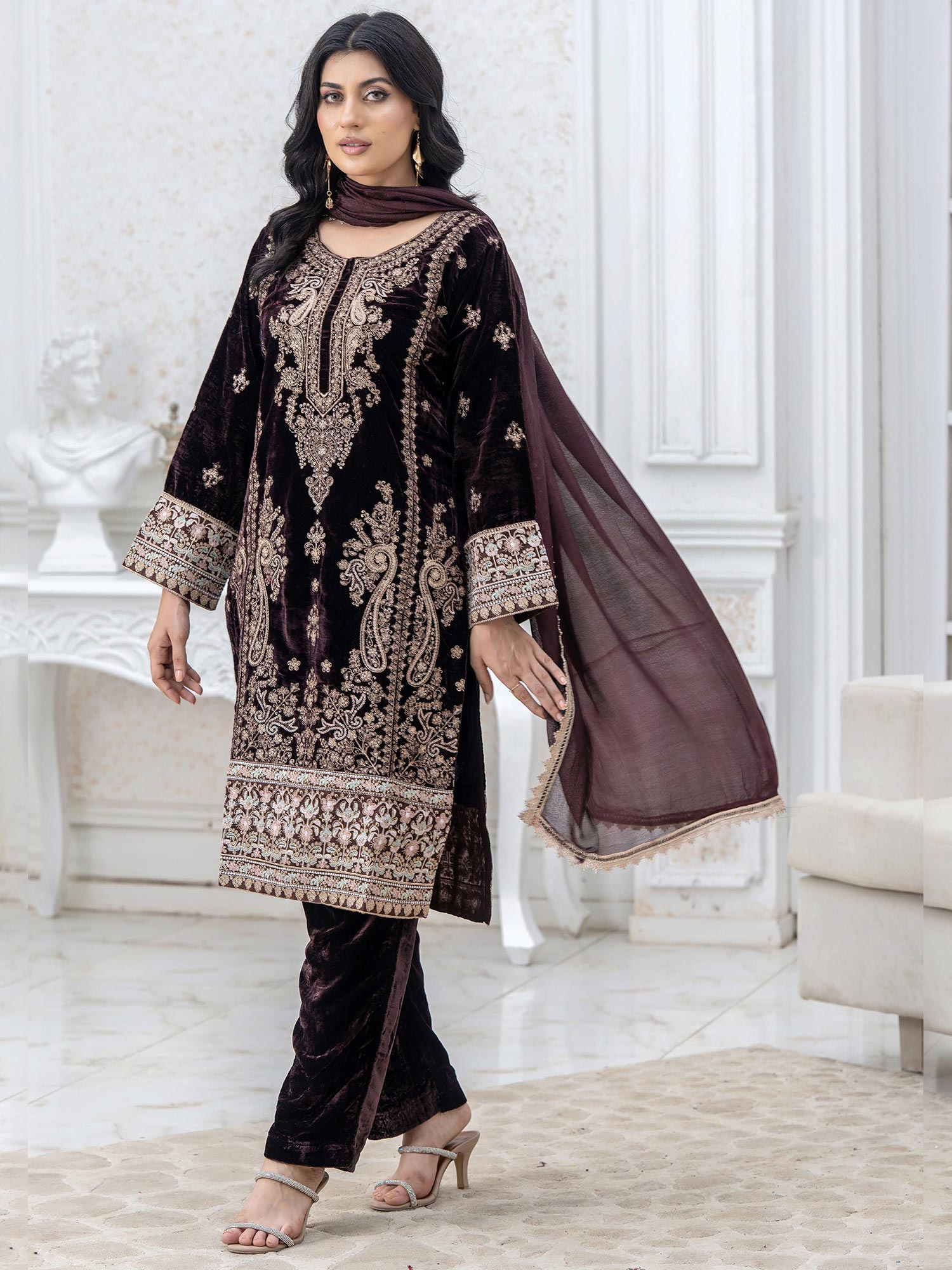 Rangz Lux Velvet Embroidered 3-Piece Suit - Brown