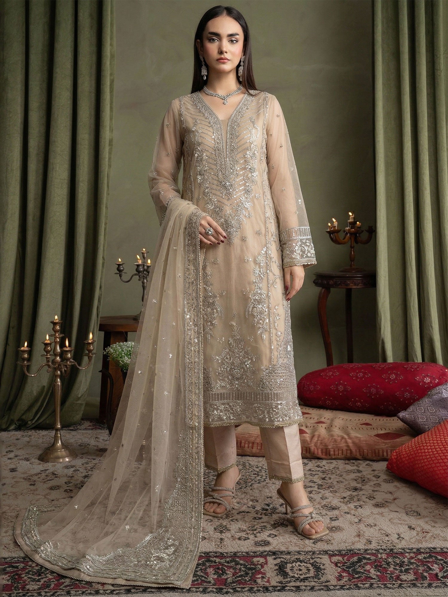 SIFA Gold-Beige Embroidered Net 3-Piece Suit