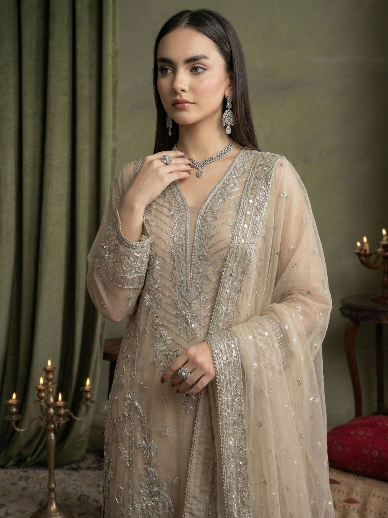 SIFA Gold-Beige Embroidered Net 3-Piece Suit