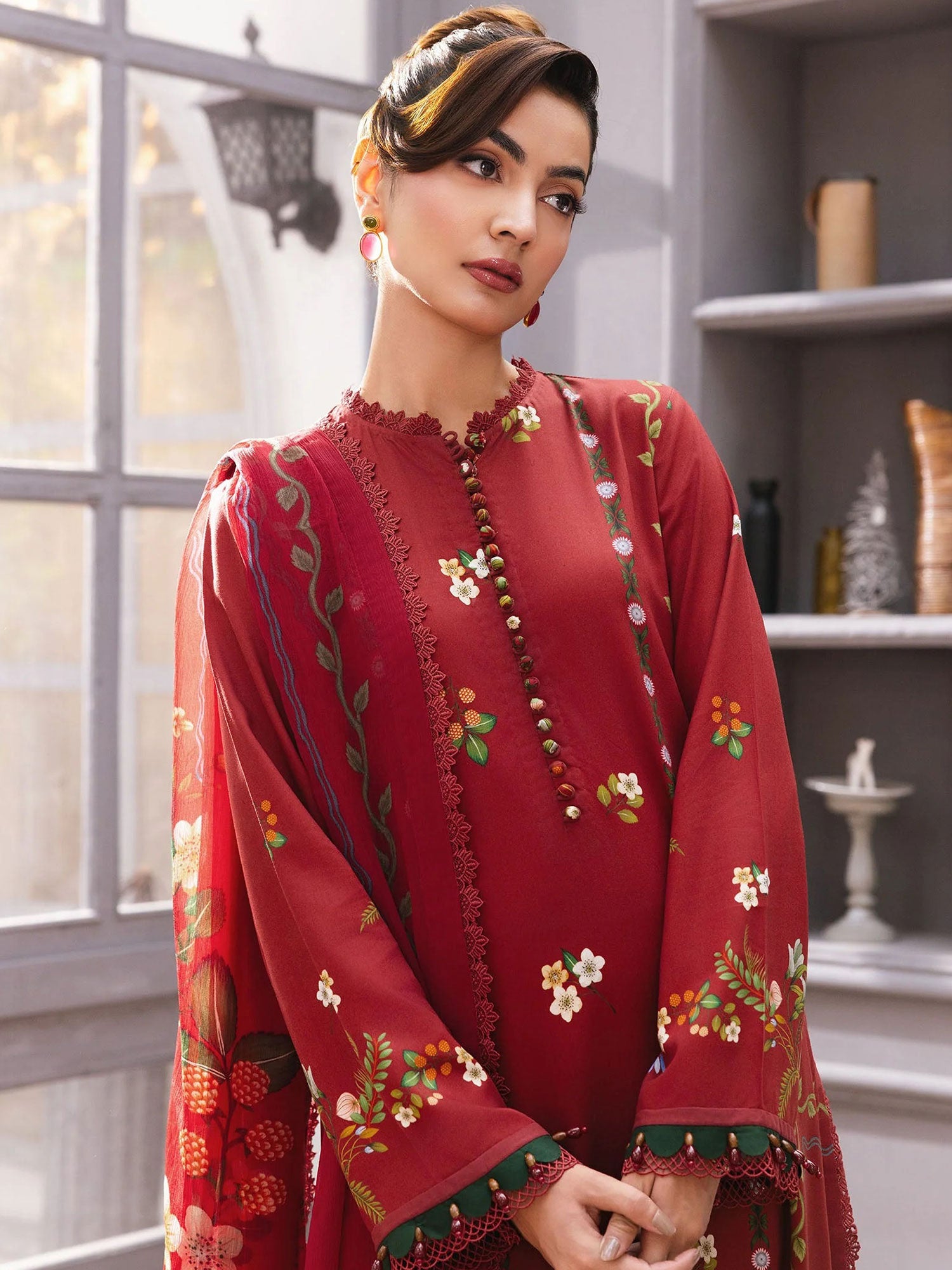 Maria.B Unstitched Marina Twill Suit (MB-CUS25-1105A) - Red