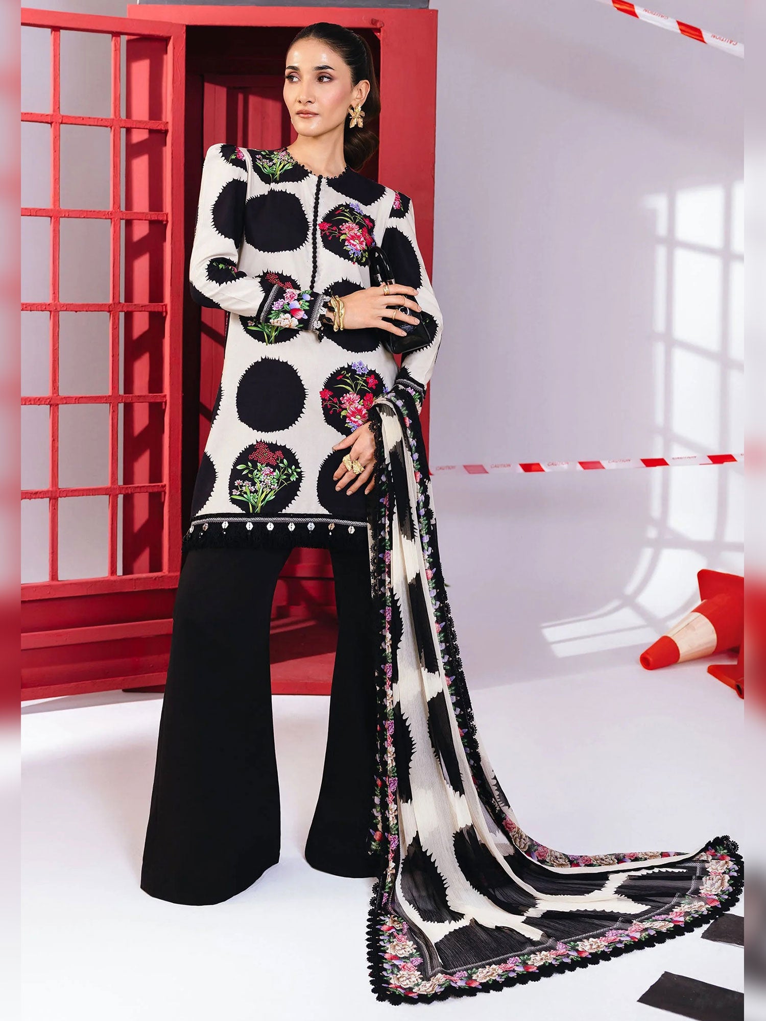 Maria.B Unstitched Marina Twill Suit (MB-CUS25-1107B) - Black & White