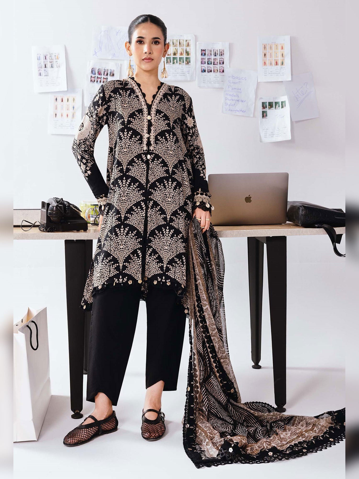 Maria.B Unstitched Winter Linen Suit (MB-CUS25-1108A) - Black