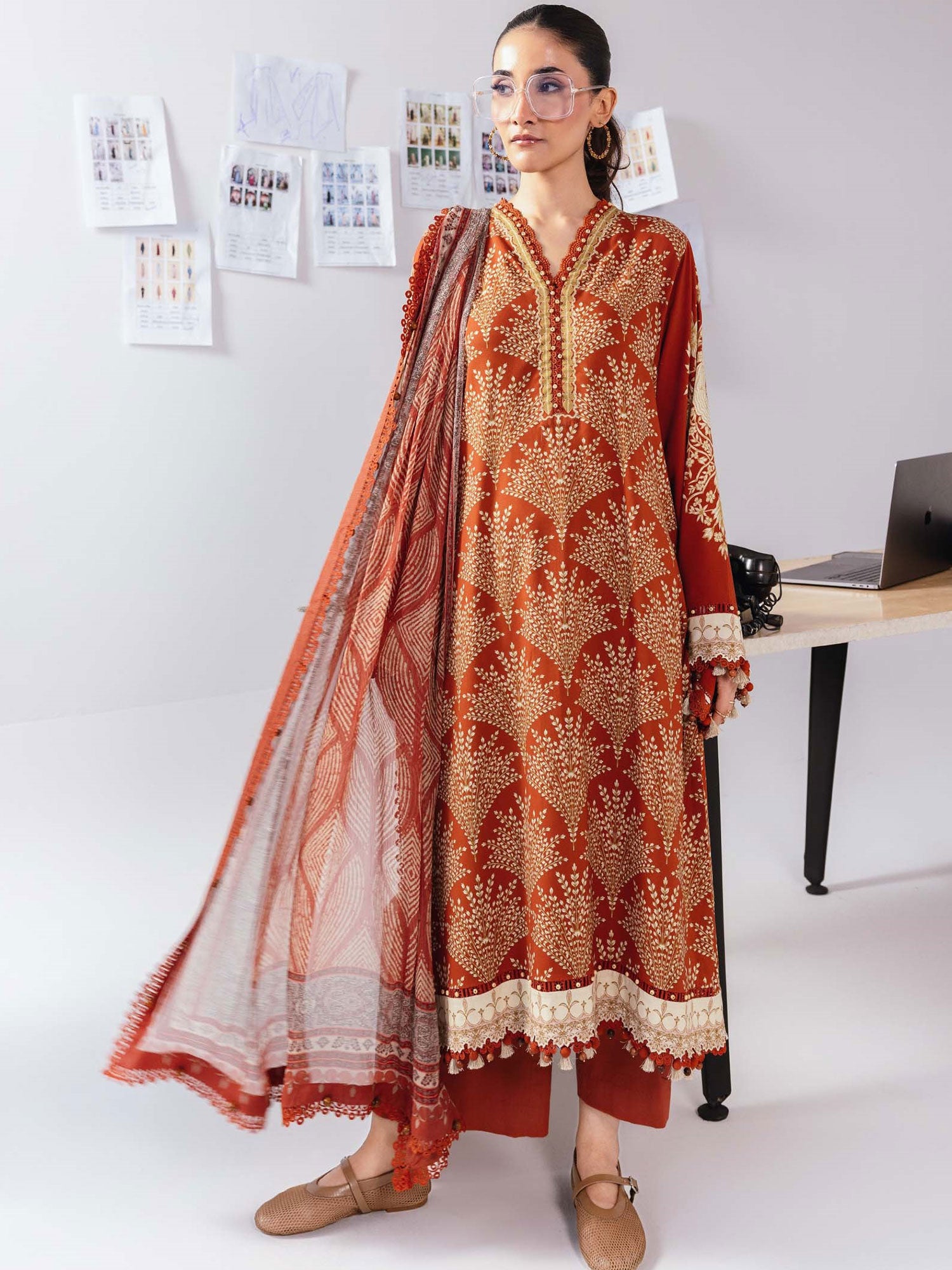 Maria.B Unstitched Winter Linen Suit (MB-CUS25-1108B) - Red