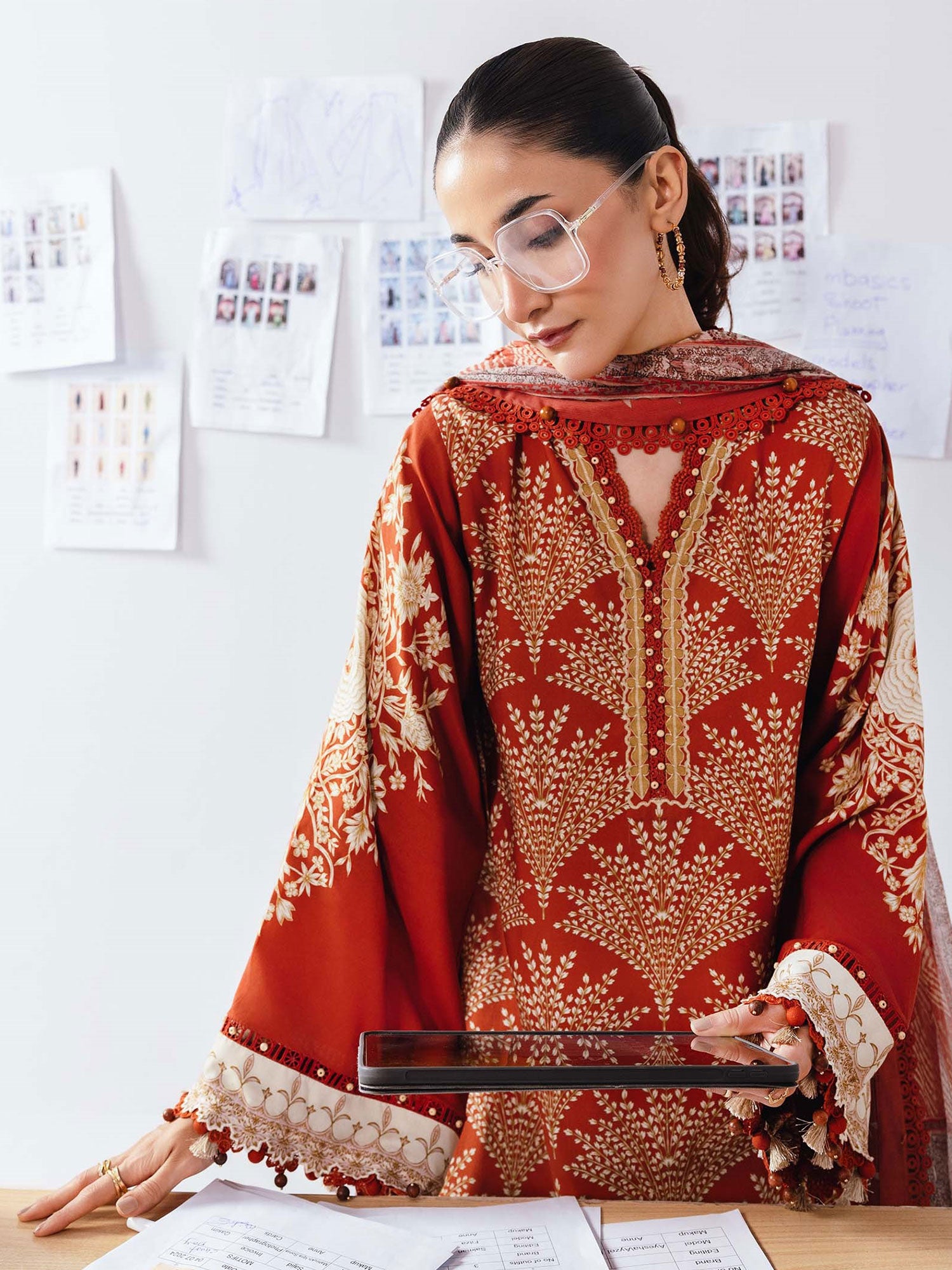 Maria.B Unstitched Winter Linen Suit (MB-CUS25-1108B) - Red