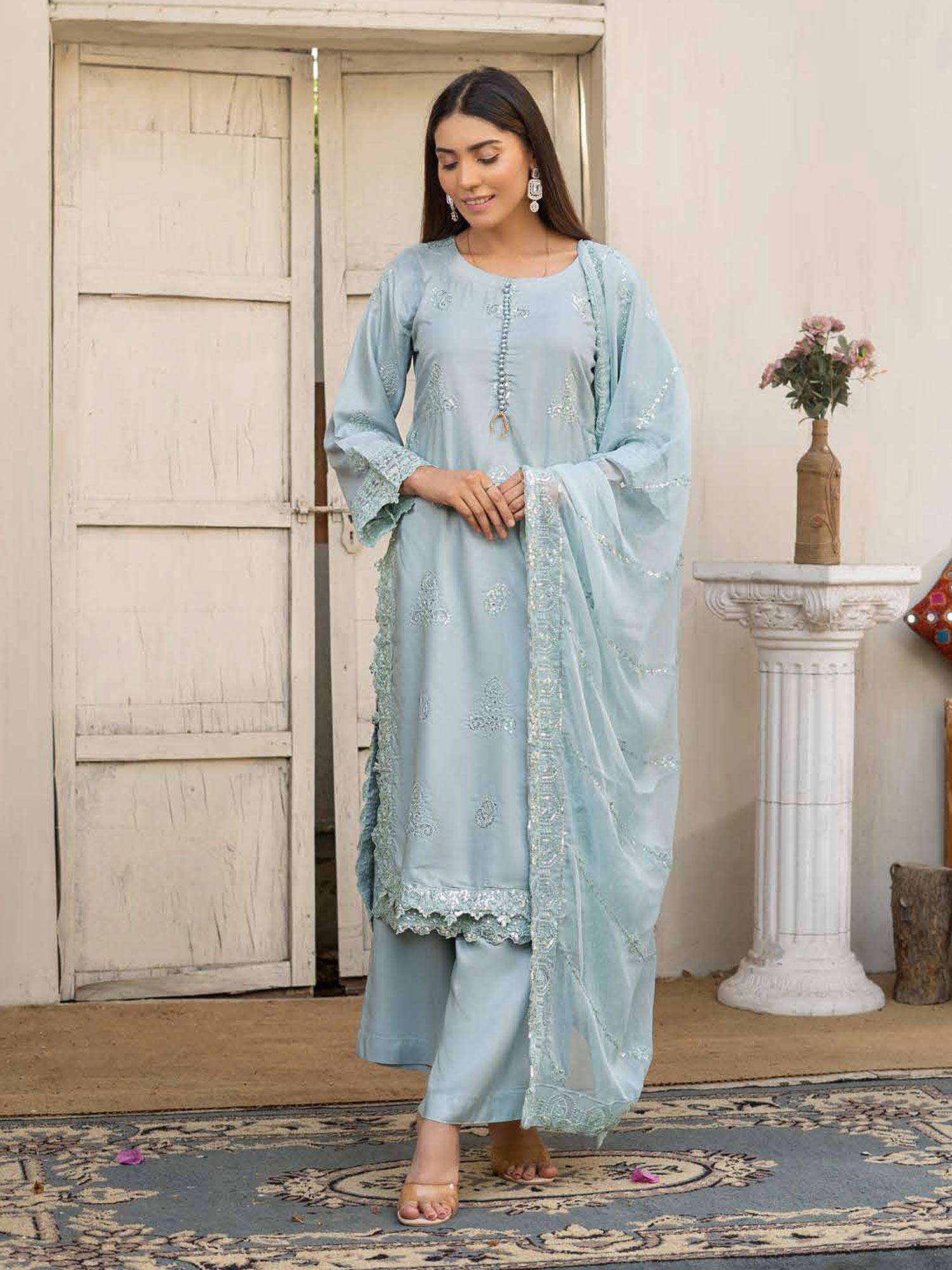 Rangz "Chantelle" Embroidered Linen 3pc Suit - Sky Blue