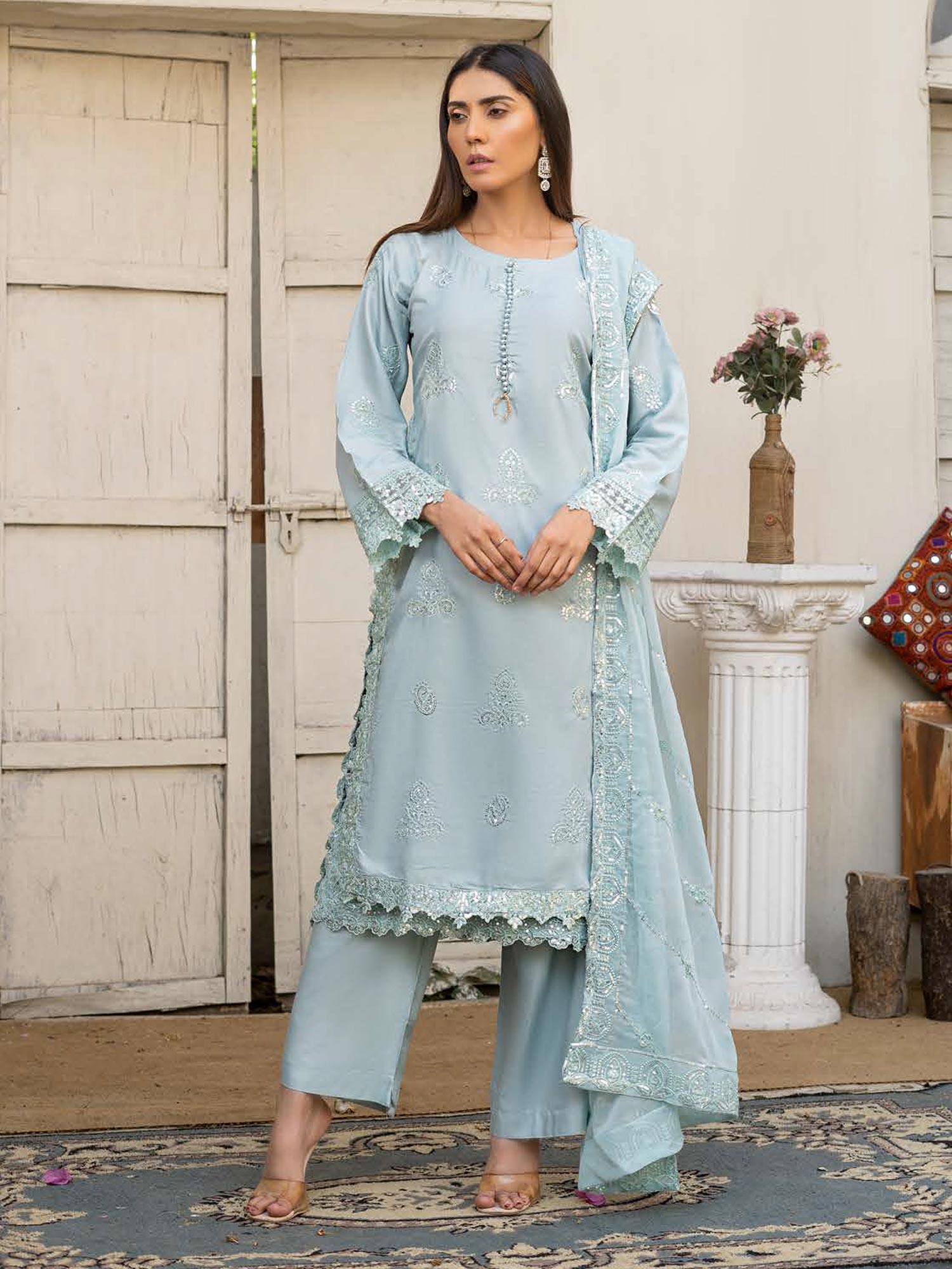 Rangz "Chantelle" Embroidered Linen 3pc Suit - Sky Blue