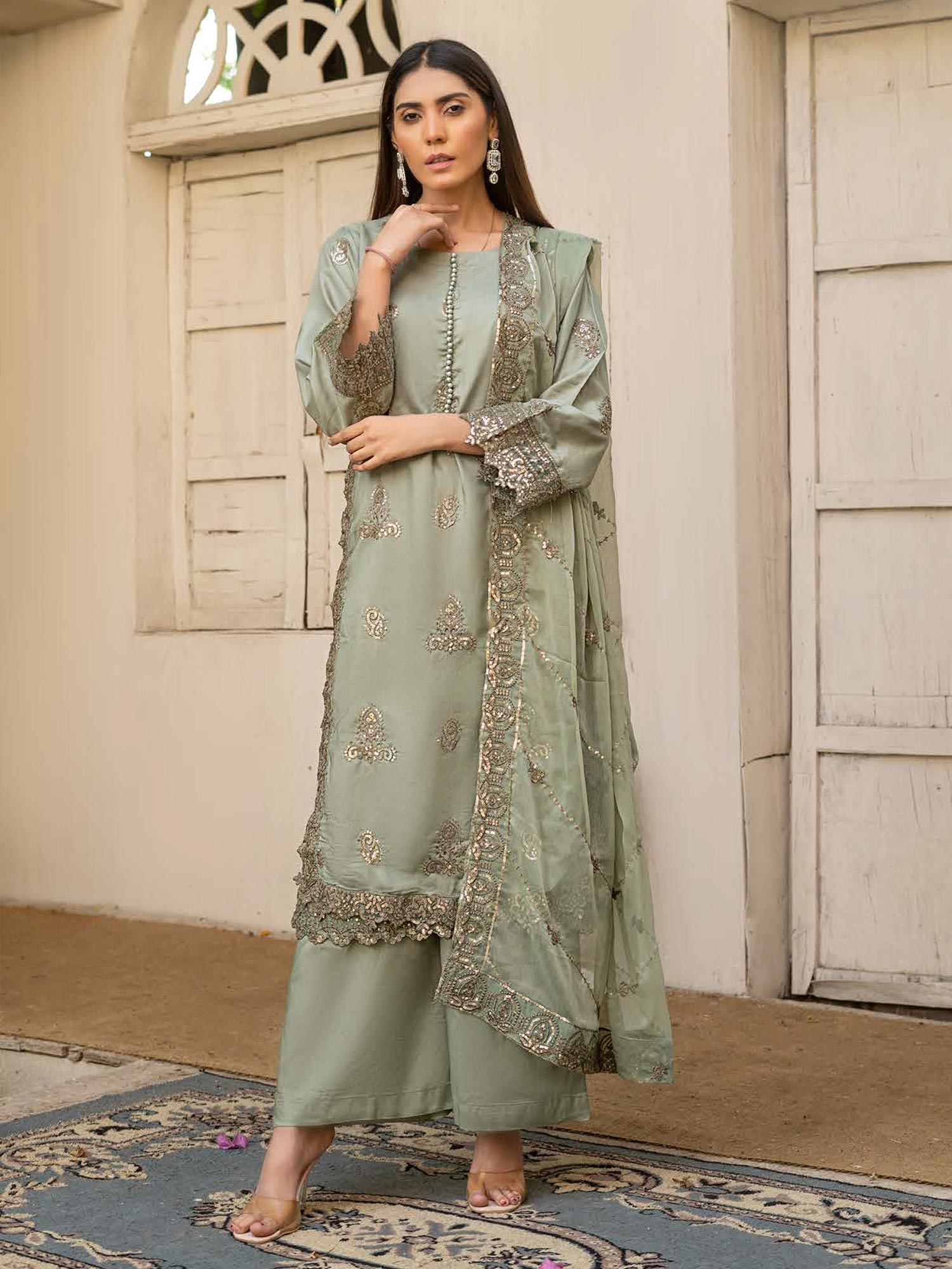 Rangz "Chantelle" Embroidered Linen 3pc Suit - Pistachio