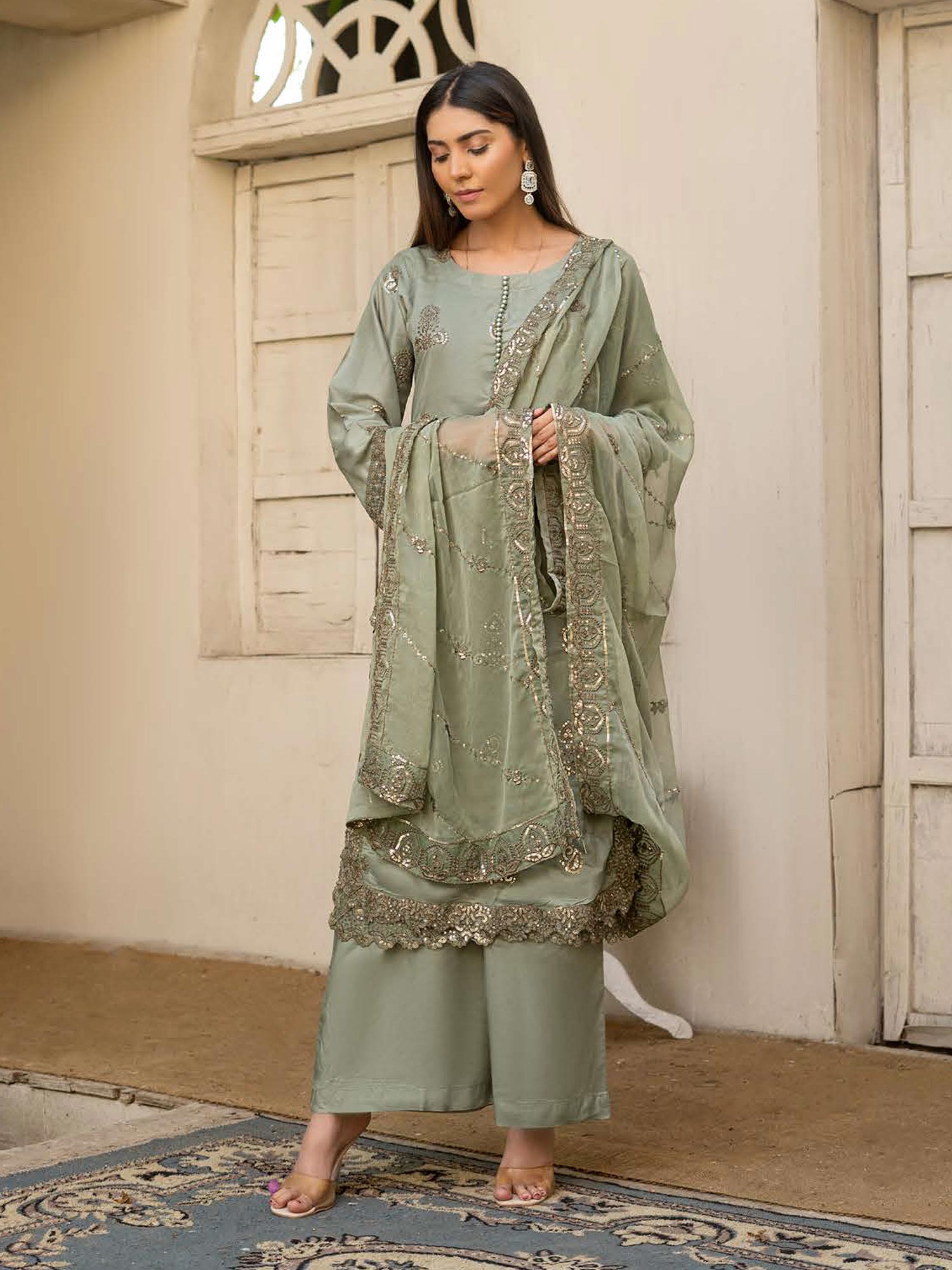 Rangz "Chantelle" Embroidered Linen 3pc Suit - Pistachio