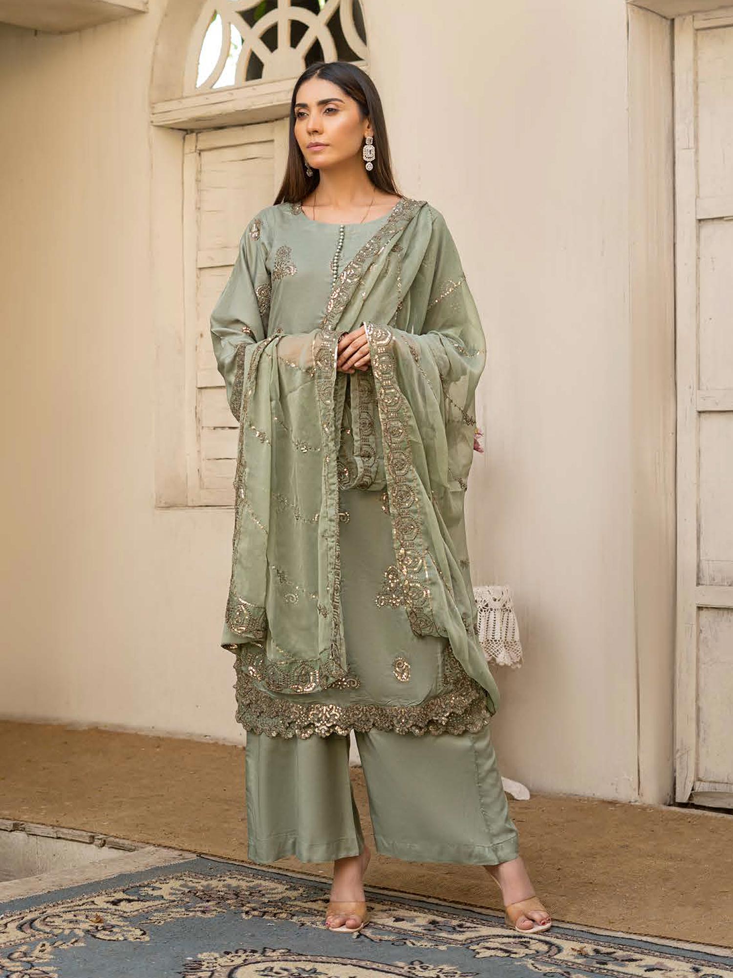 Rangz "Chantelle" Embroidered Linen 3pc Suit - Pistachio