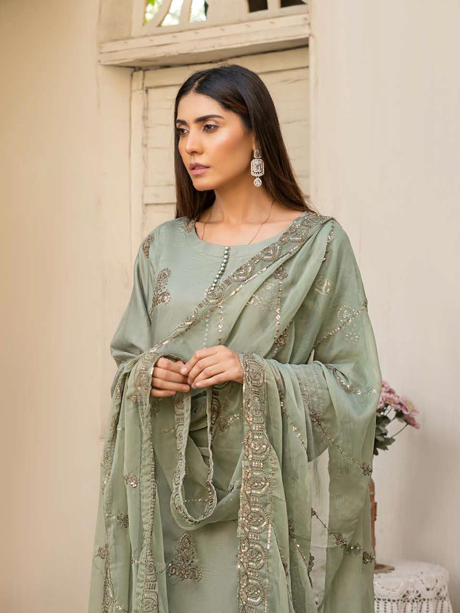 Rangz "Chantelle" Embroidered Linen 3pc Suit - Pistachio