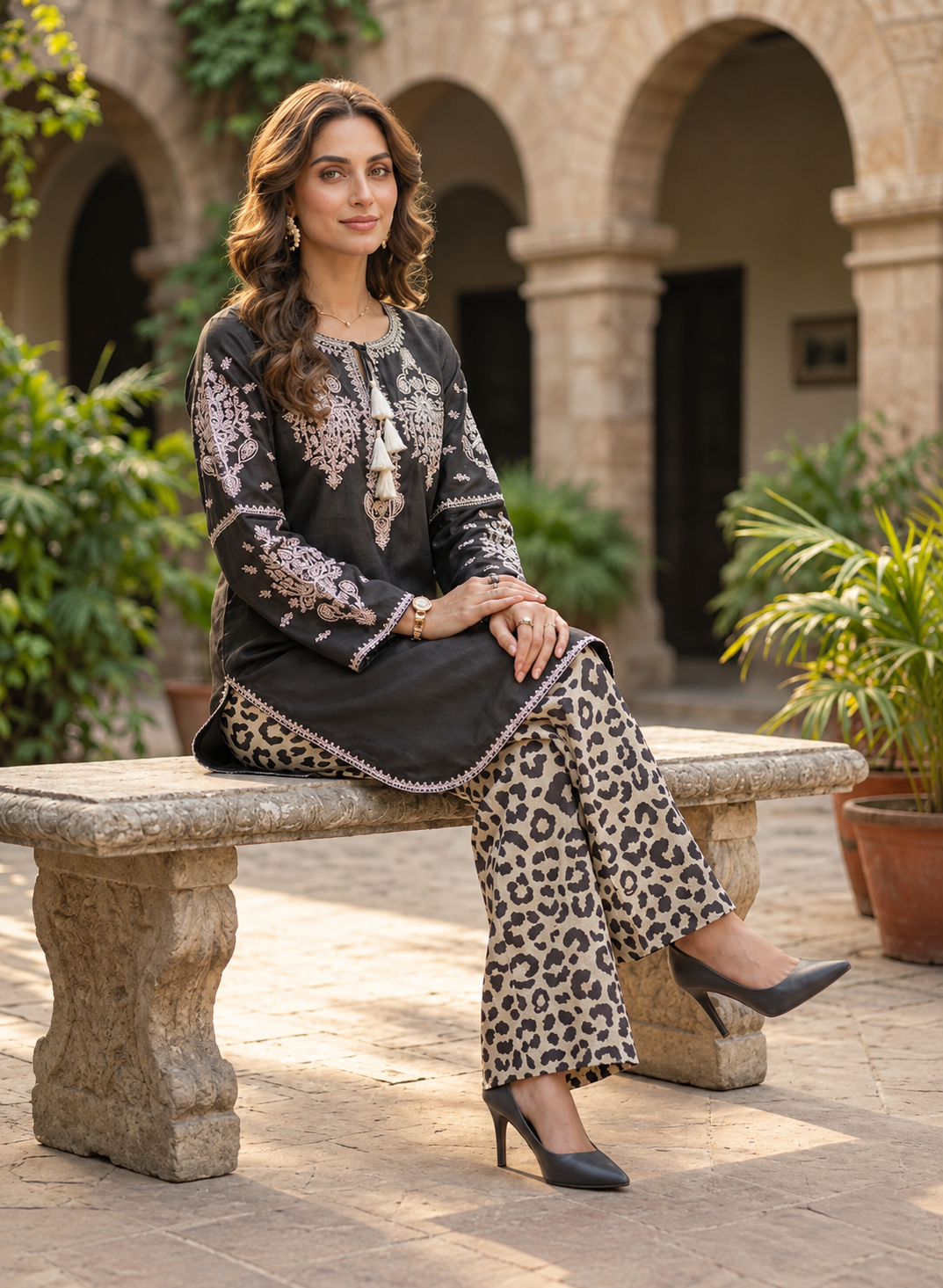 Arfa Riwaj Embroidered Poly Silk 2-Piece Suit - Black