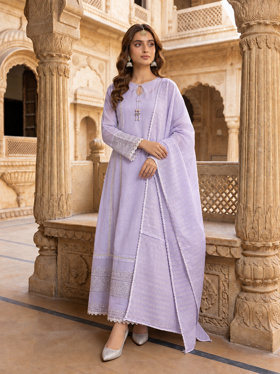 Arfa Riwaj Embroidered Raw Silk 3-Piece Suit - Lilac