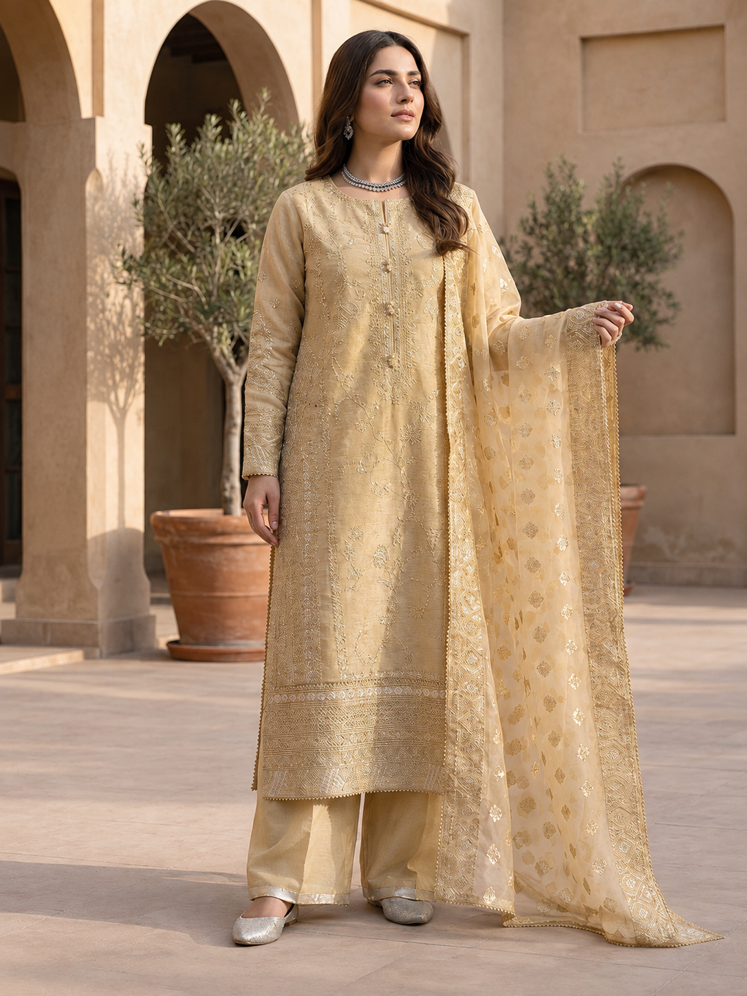 Arfa Riwaj Embroidered Cream Poly Slub 3-Piece Suit