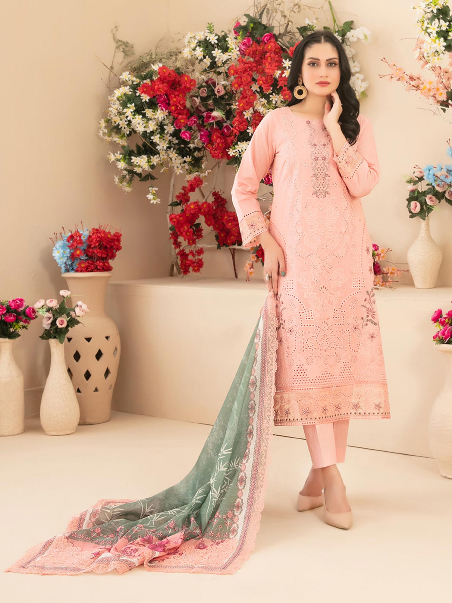 Tawakkal "Saiba" Embroidered Semi-Stitched Suit (D1152) - Peachy-Pink