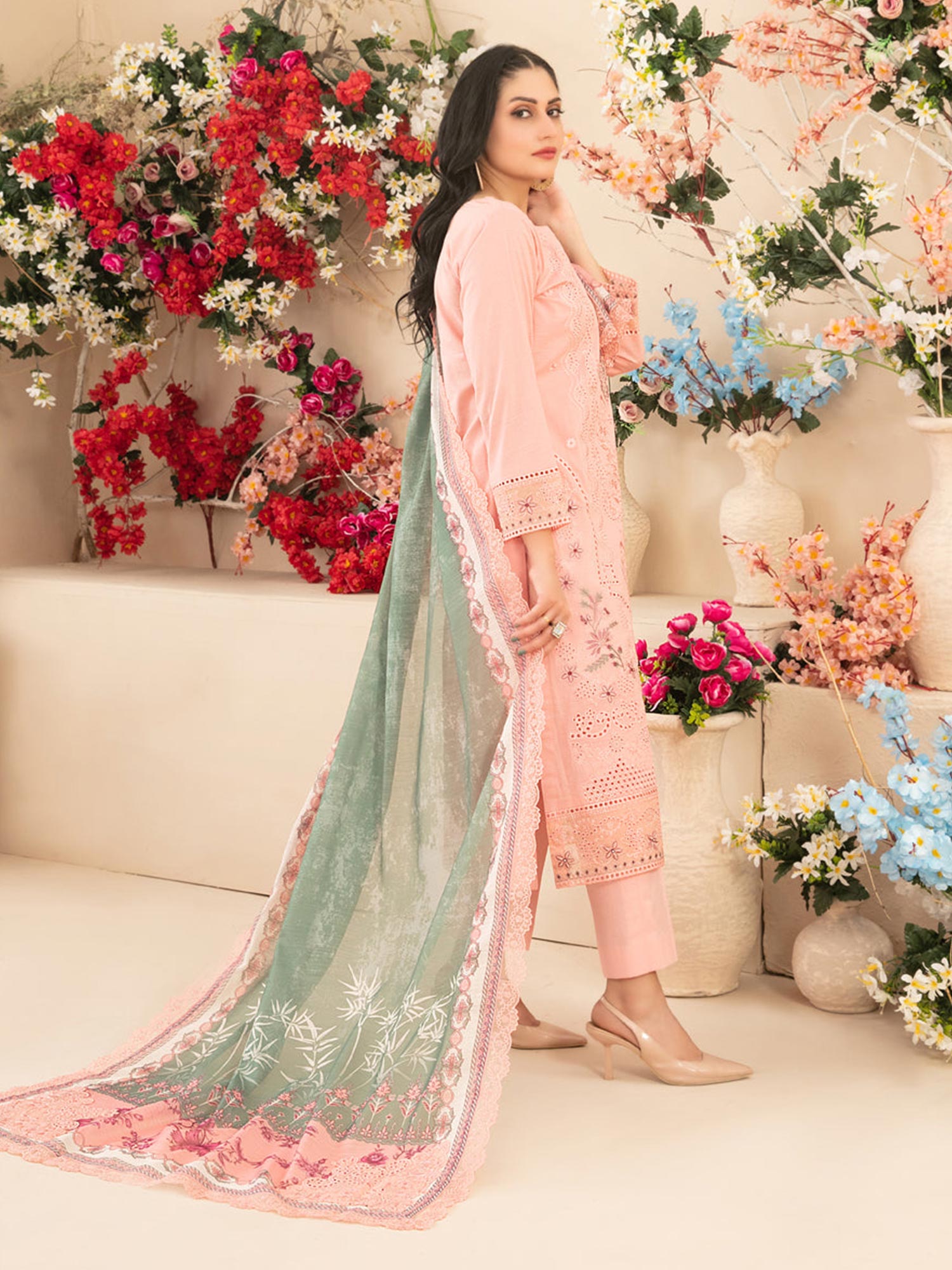 Tawakkal "Saiba" Embroidered Semi-Stitched Suit (D1152) - Peachy-Pink
