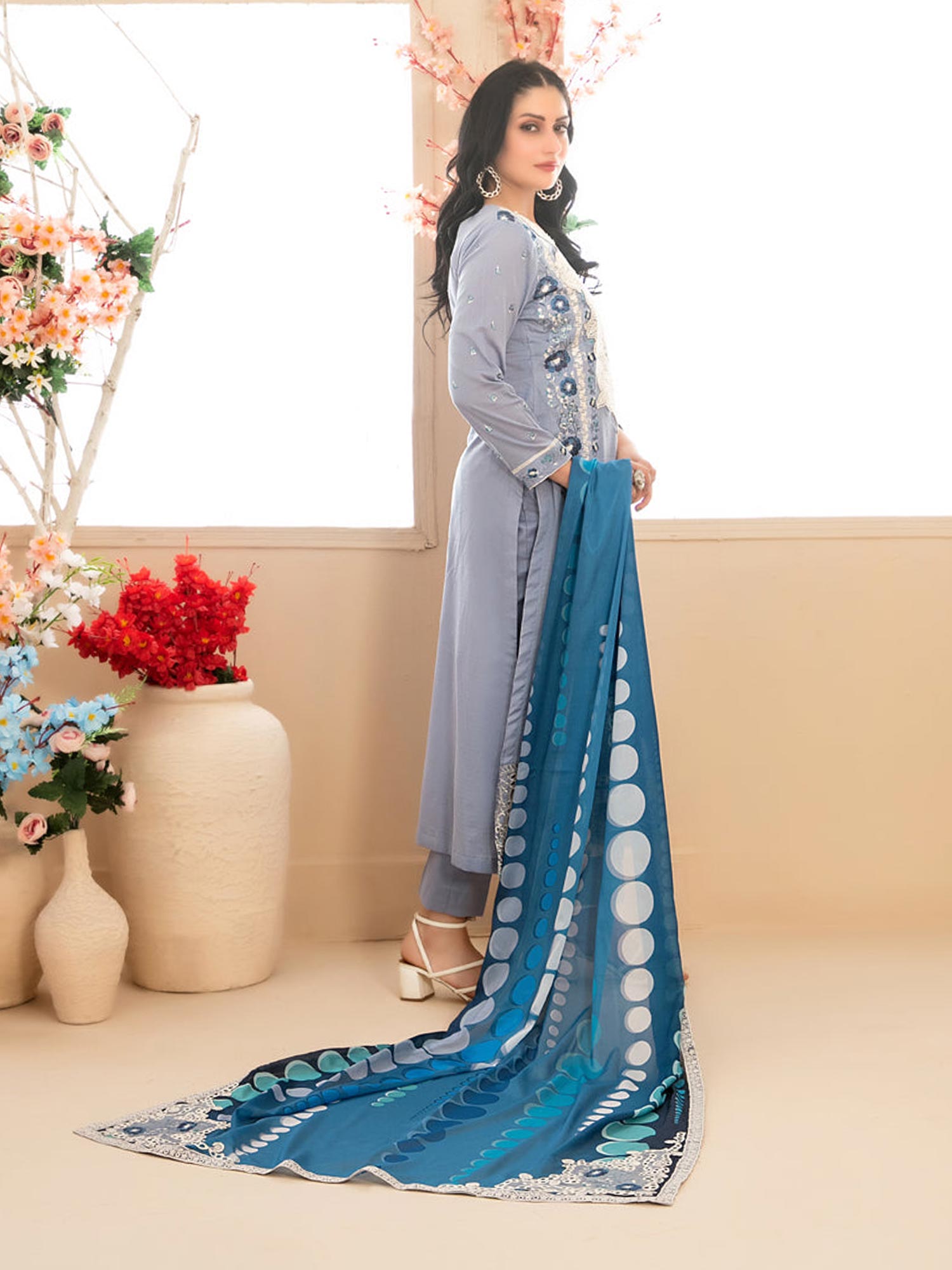 Tawakkal "Saiba" Embroidered Semi-Stitched Suit (D1153) - Blue-Grey