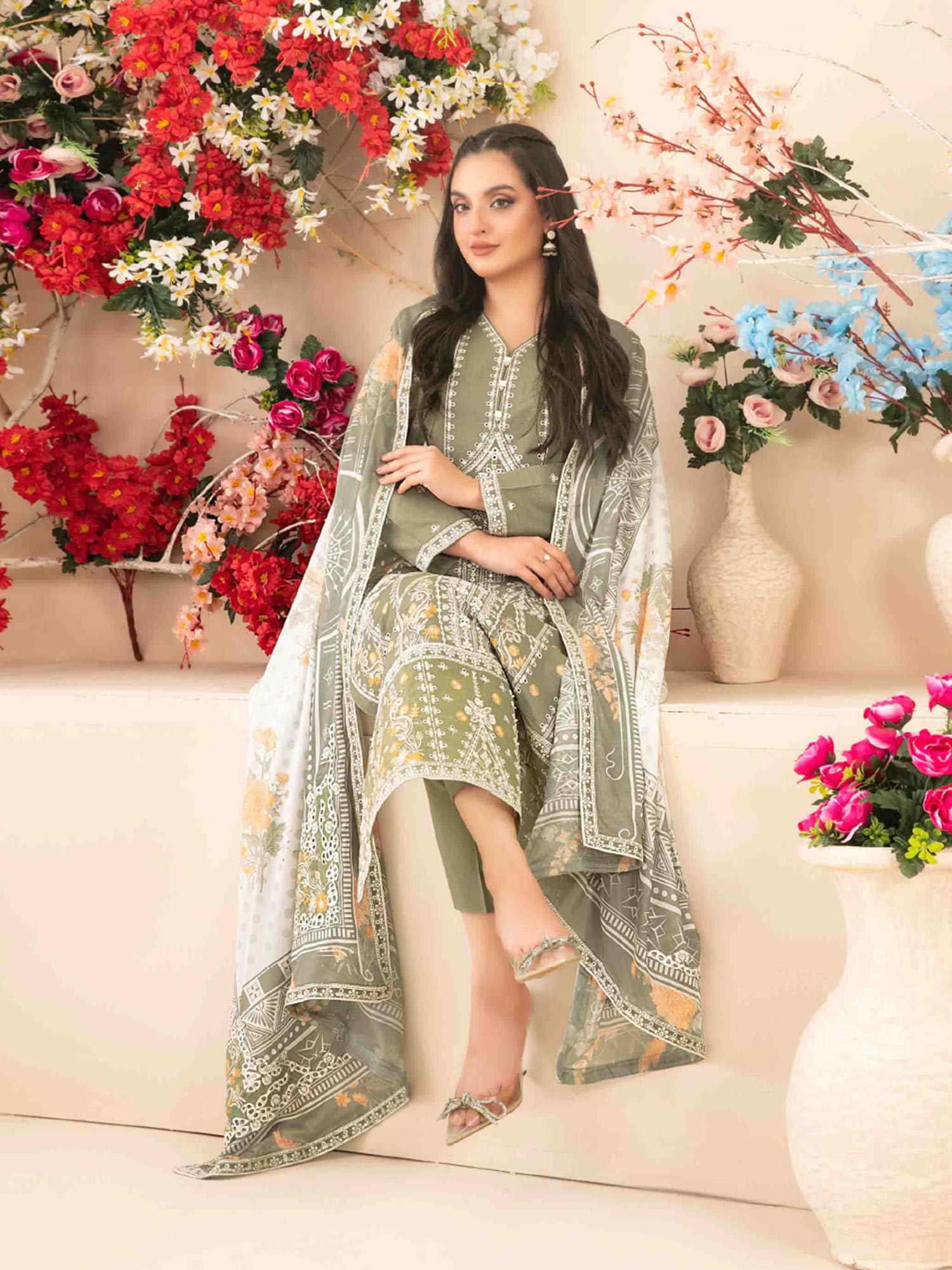 Tawakkal "Saiba" Embroidered Semi-Stitched Suit (D1154) - Olive