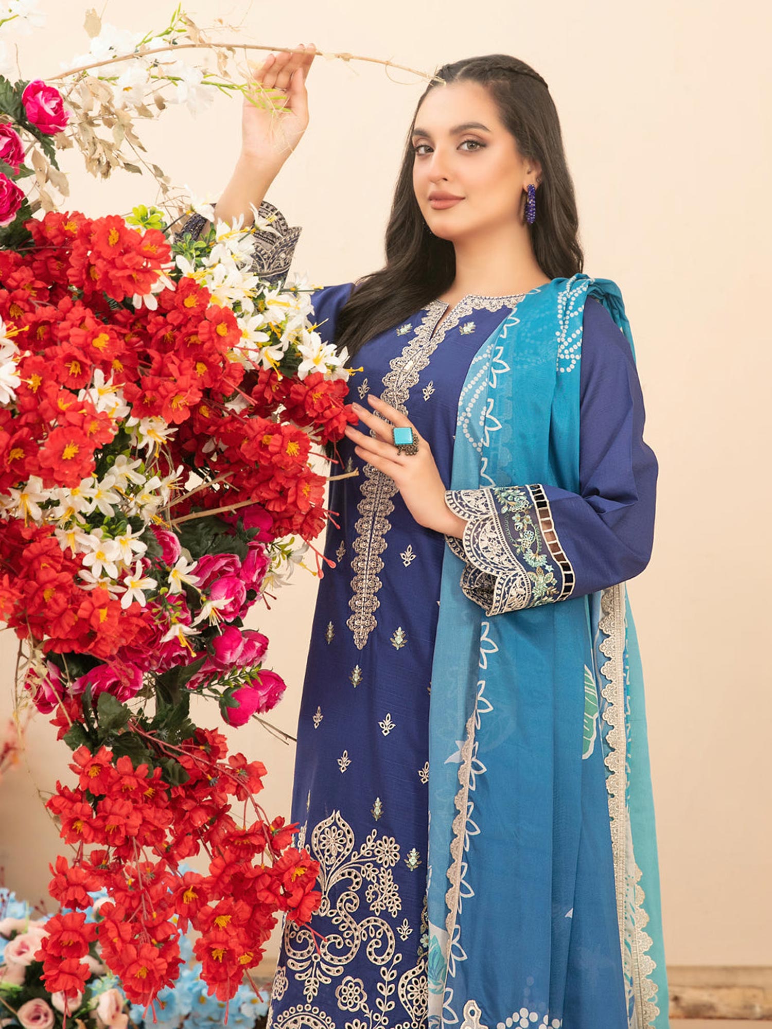Tawakkal "Saiba" Embroidered Semi-Stitched Suit (D1157) - Blue