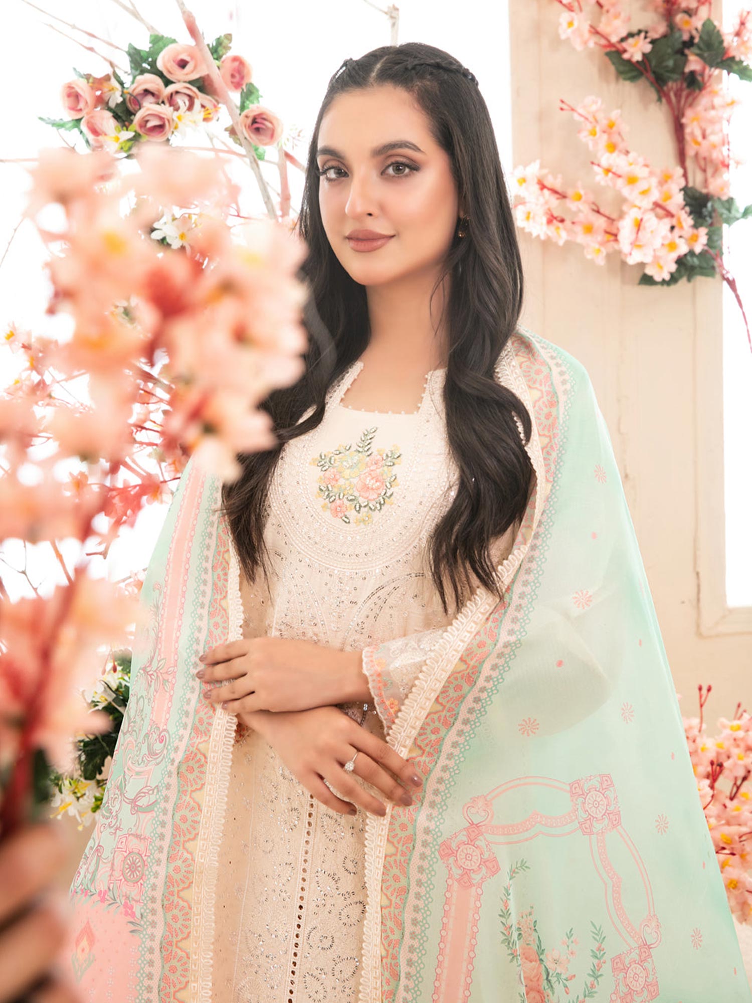 Tawakkal "Saiba" Embroidered Semi-Stitched Suit (D1158) - Cream