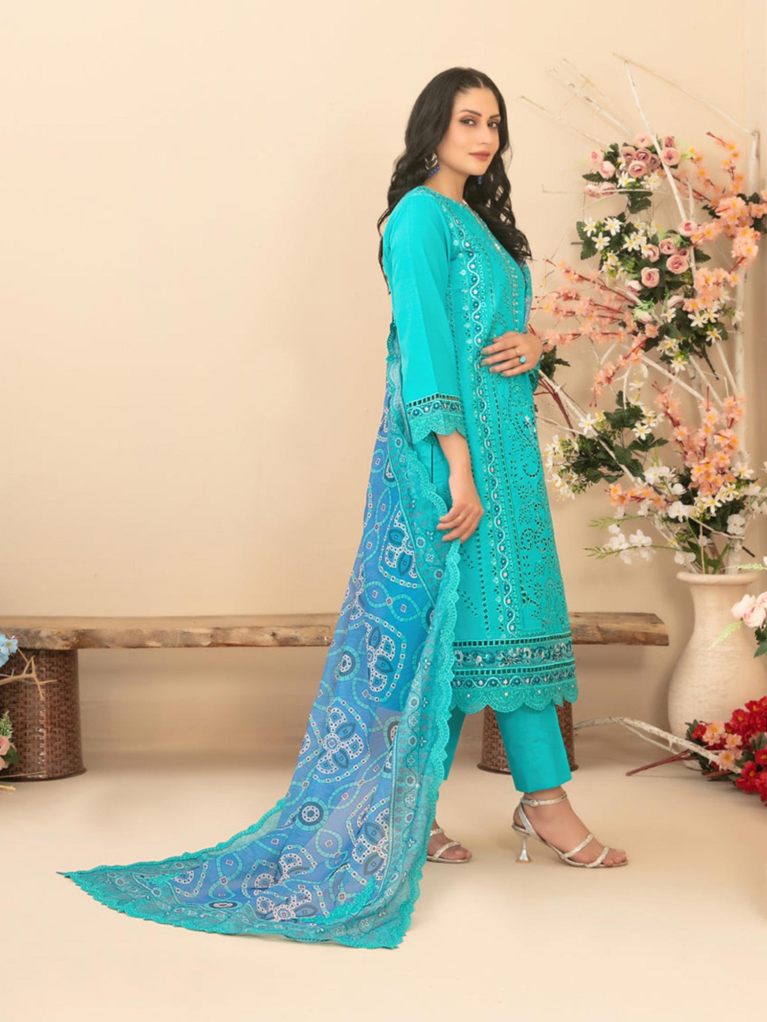 Tawakkal "Saiba" Embroidered Semi-Stitched Suit (D1159) - Turquoise