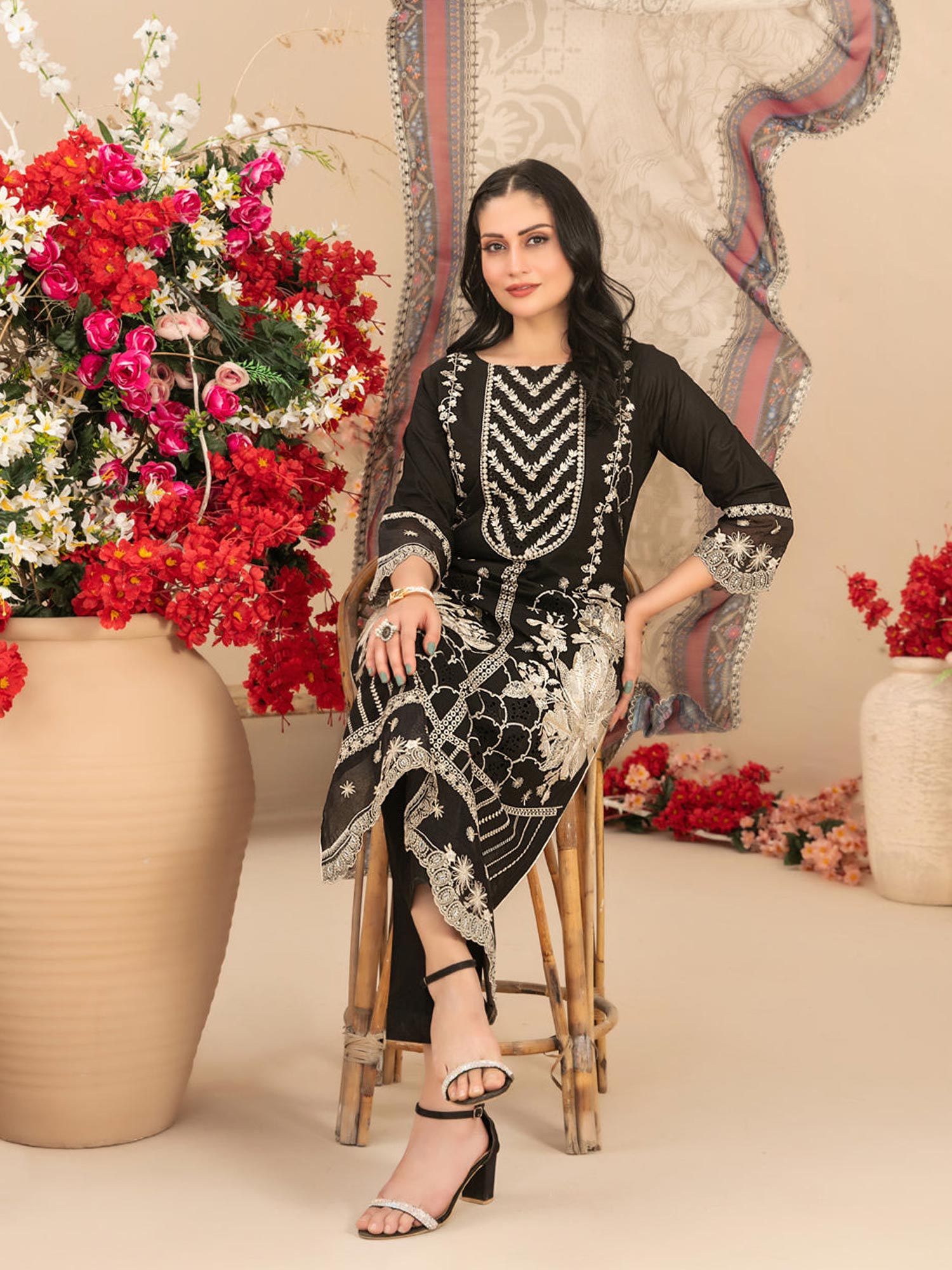 Tawakkal "Saiba" Embroidered Semi-Stitched Suit (D1160) - Black