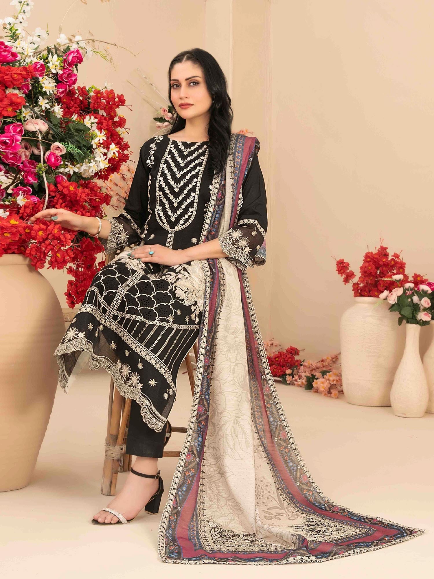 Tawakkal "Saiba" Embroidered Semi-Stitched Suit (D1160) - Black
