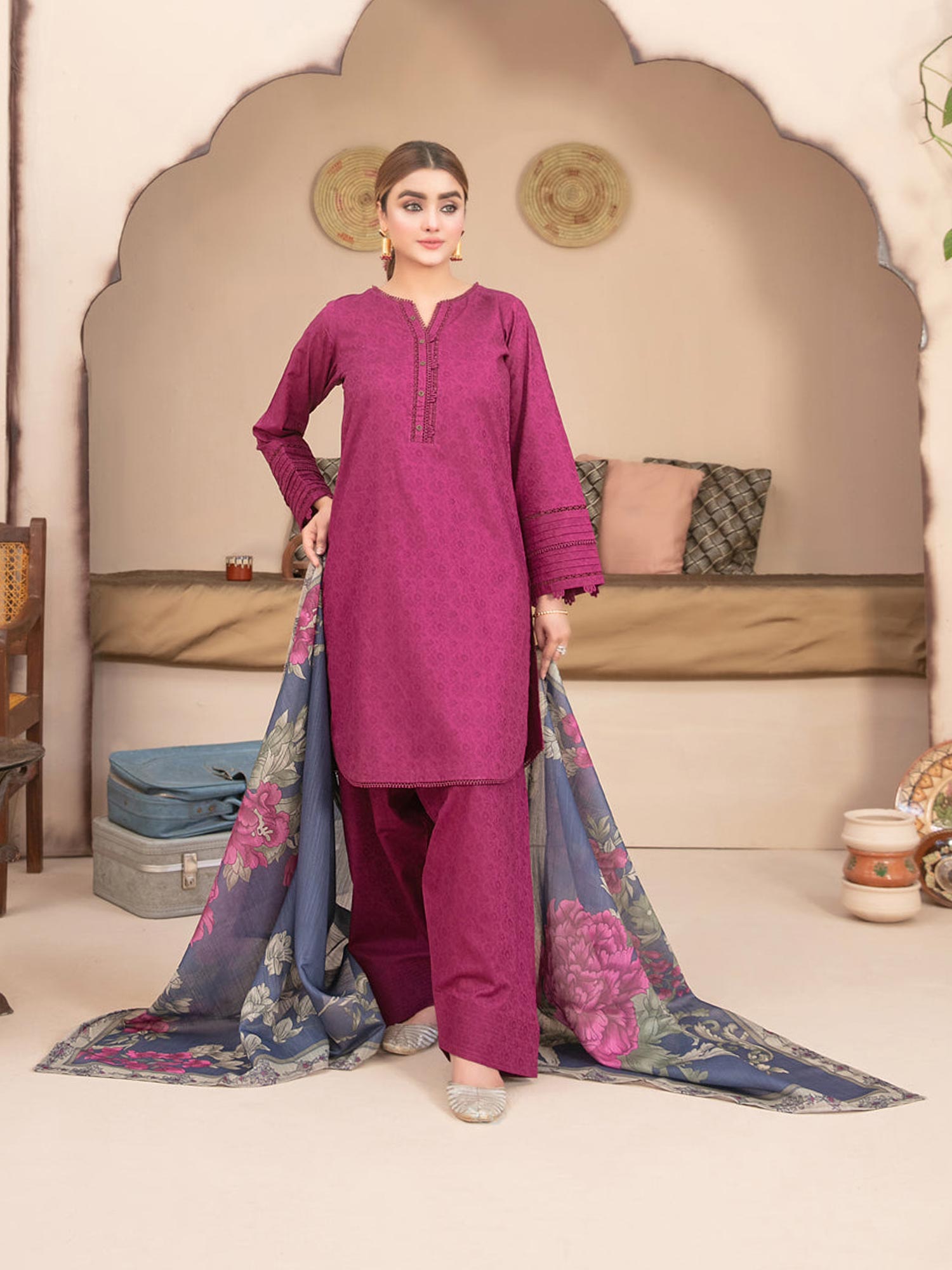 Tawakkal "Pushpa" Cotton Jacquard Farshi Shalwar Suit (D1536) - Hot Pink