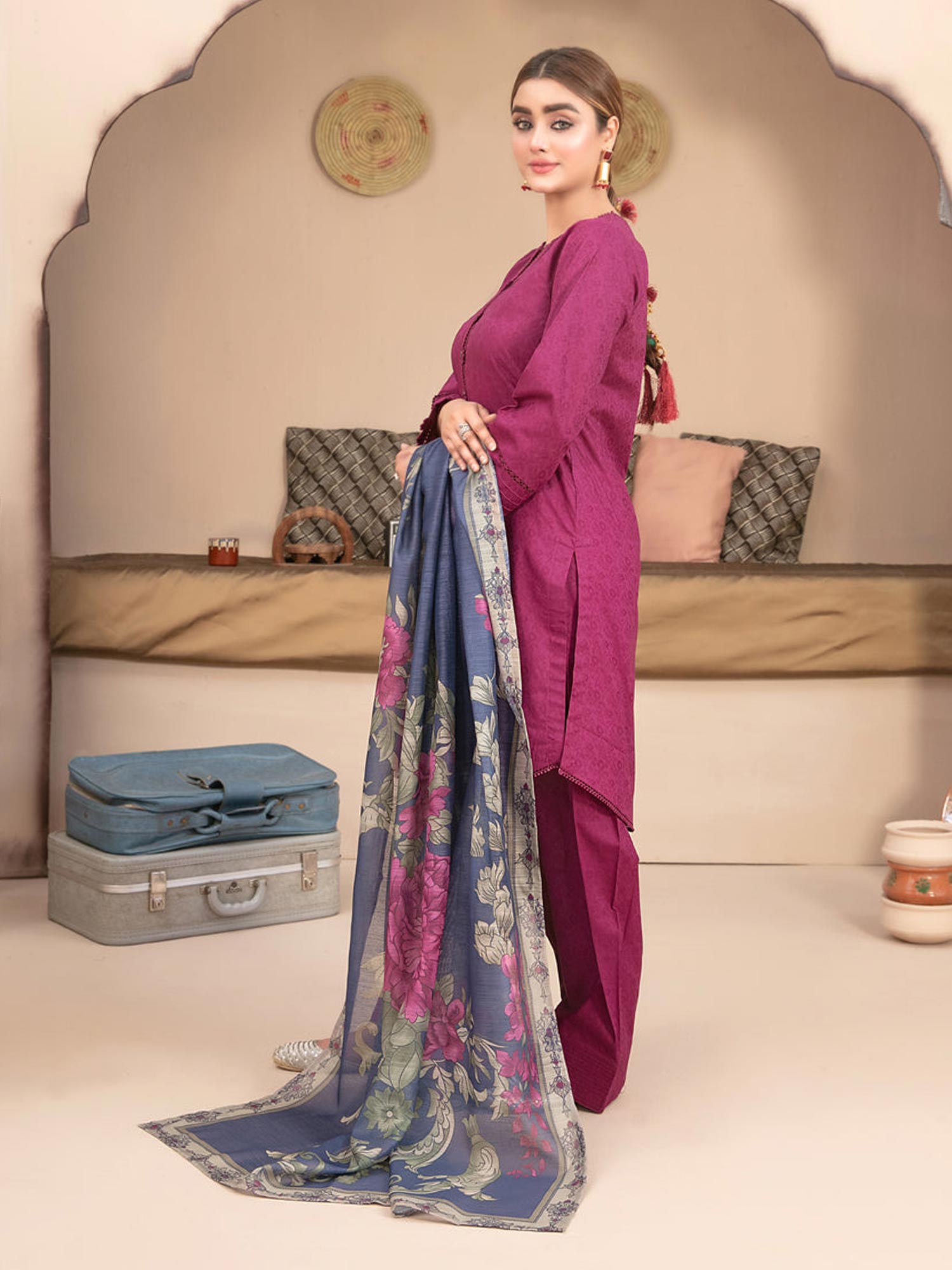 Tawakkal "Pushpa" Cotton Jacquard Farshi Shalwar Suit (D1536) - Hot Pink