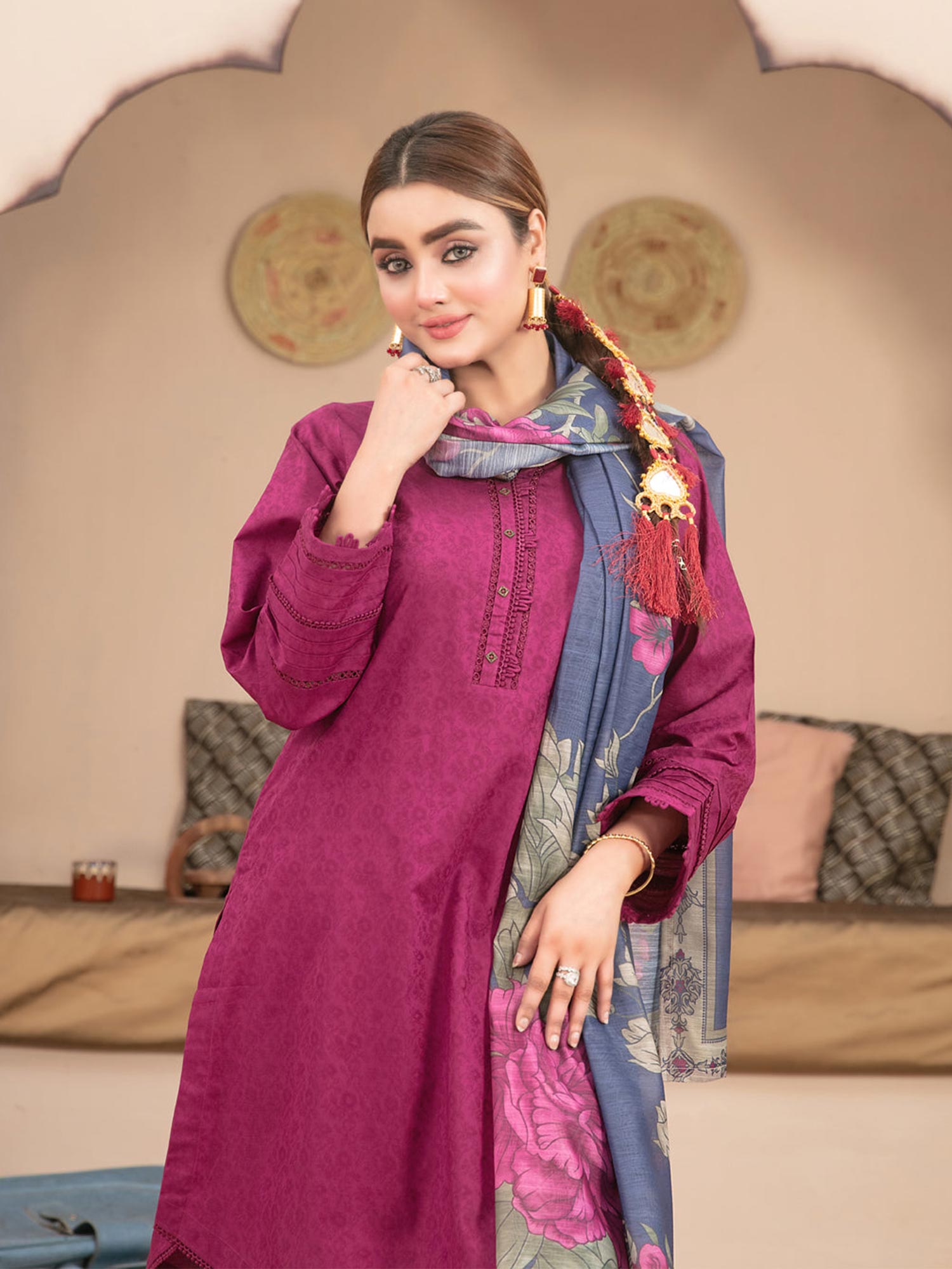 Tawakkal "Pushpa" Cotton Jacquard Farshi Shalwar Suit (D1536) - Hot Pink