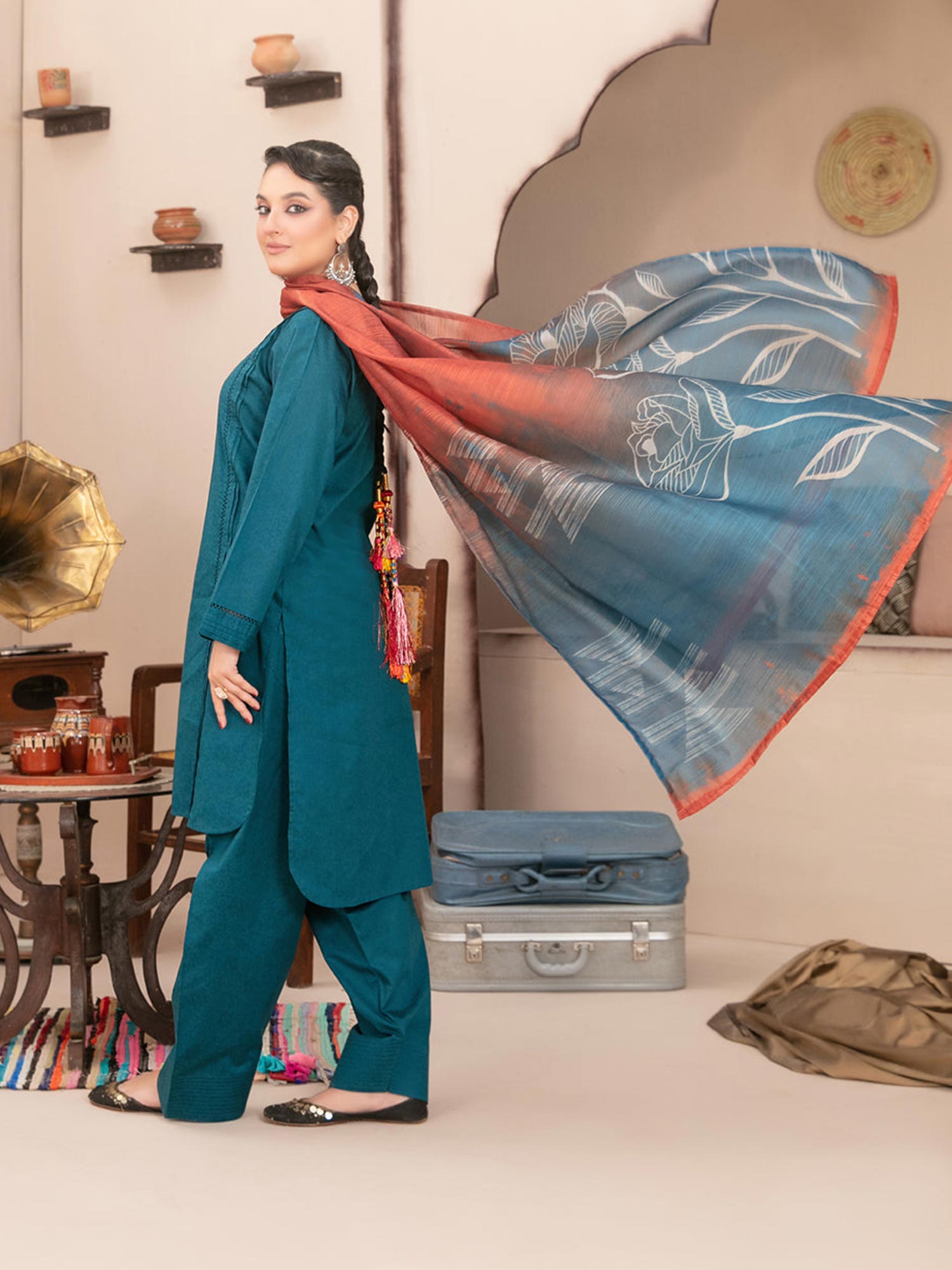 Tawakkal "Pushpa" Cotton Jacquard Farshi Shalwar Suit (D1537) - Teal