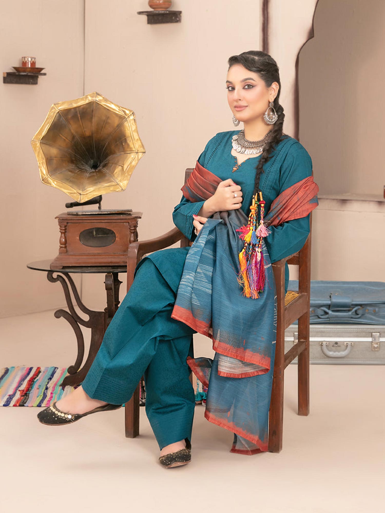 Tawakkal "Pushpa" Cotton Jacquard Farshi Shalwar Suit (D1537) - Teal