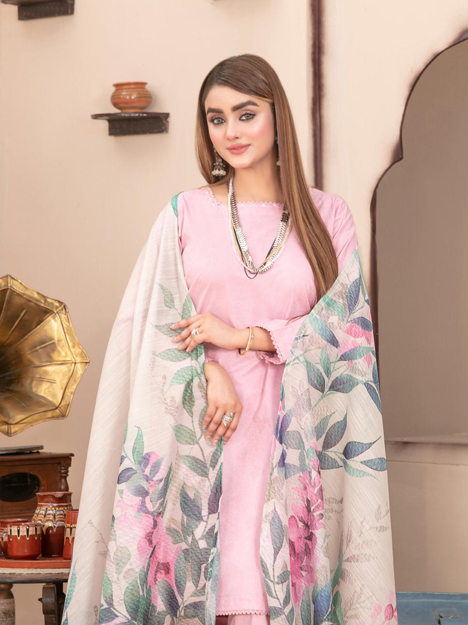 Tawakkal "Pushpa" Cotton Jacquard Farshi Shalwar Suit (D1538) - Light Pink