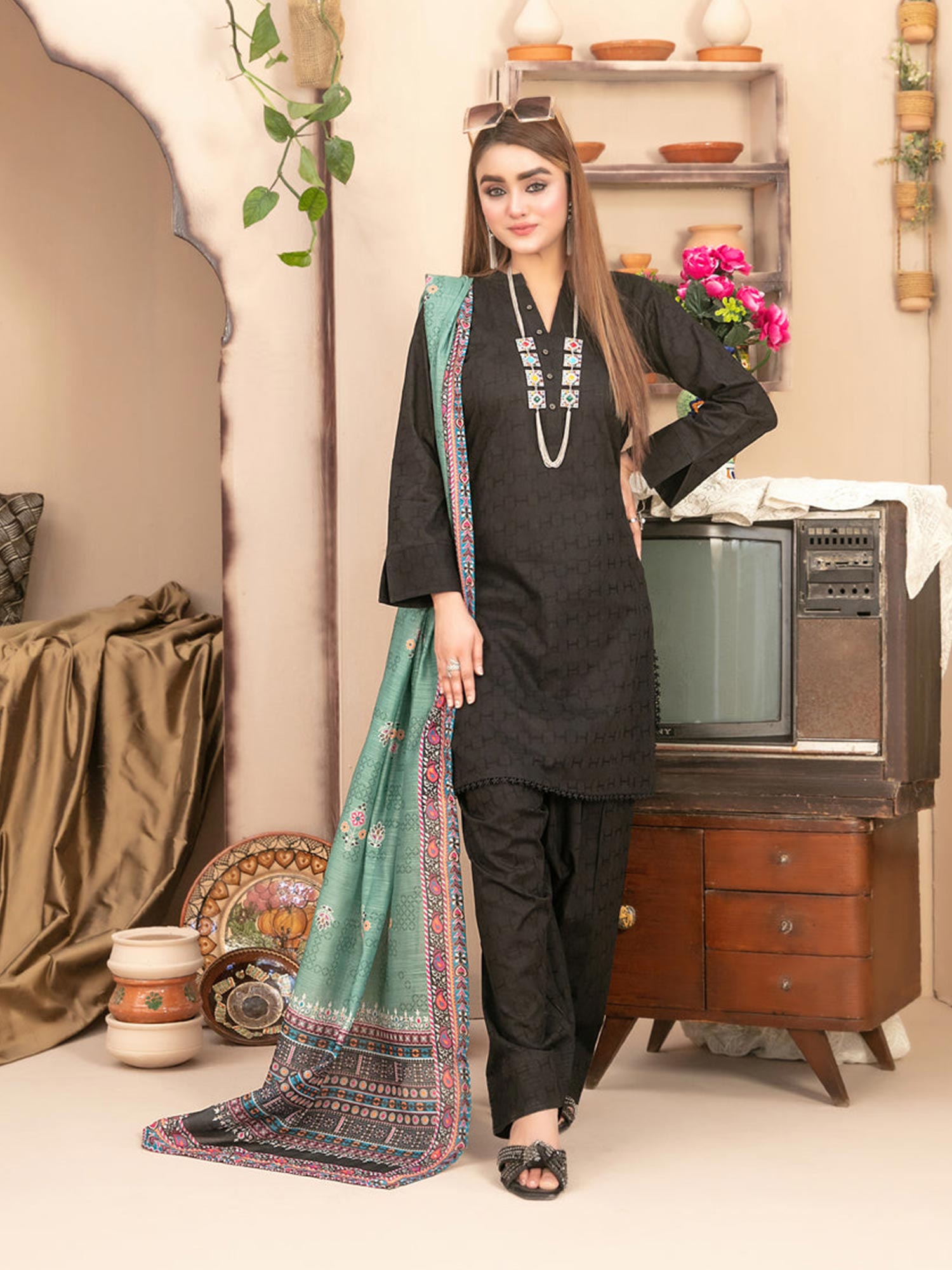 Tawakkal "Pushpa" Cotton Jacquard Farshi Shalwar Suit (D1540) - Black