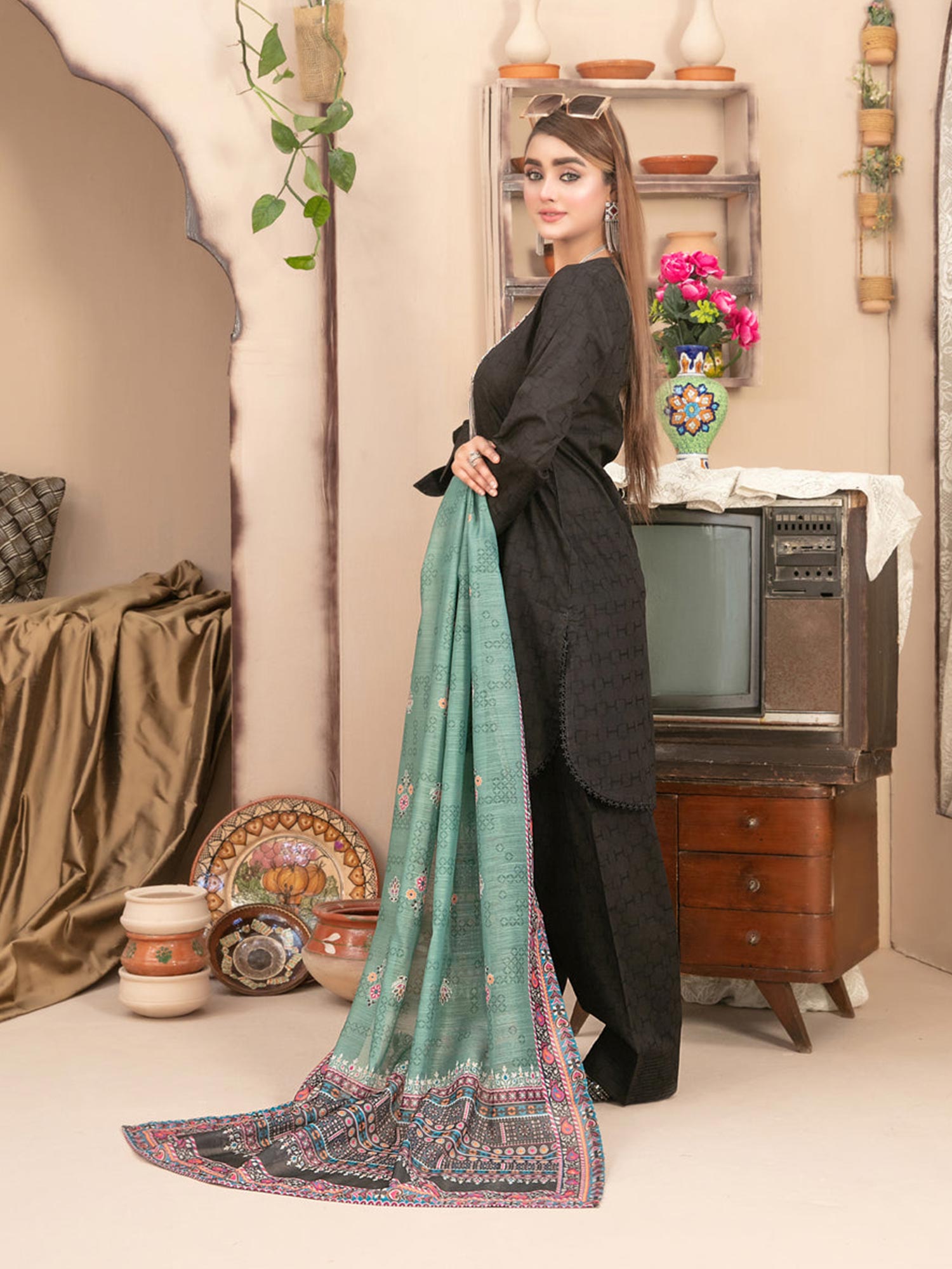 Tawakkal "Pushpa" Cotton Jacquard Farshi Shalwar Suit (D1540) - Black