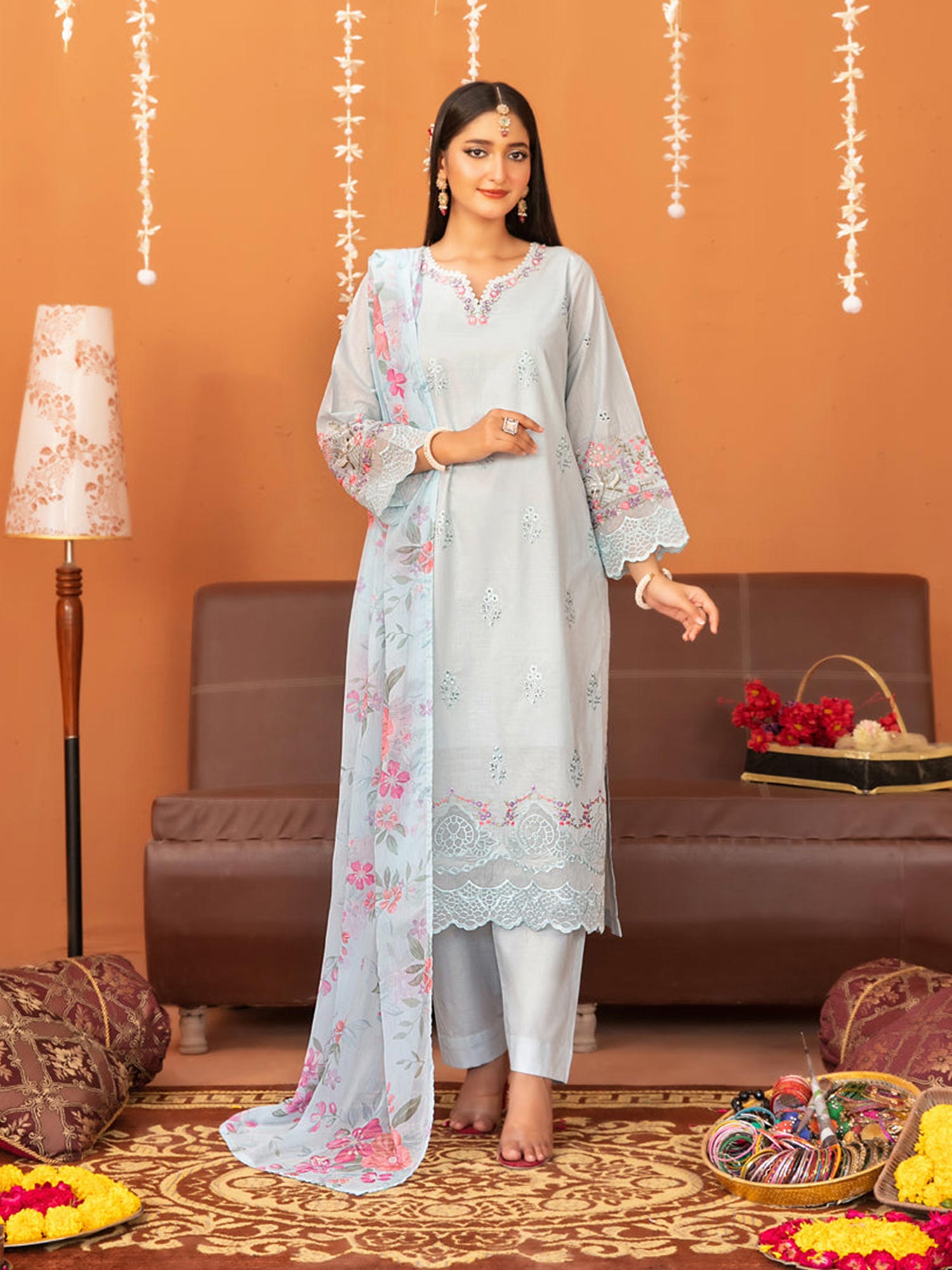 Tawakkal "Chaashni" Embroidered Lawn Suit (D3136) - Ice Blue