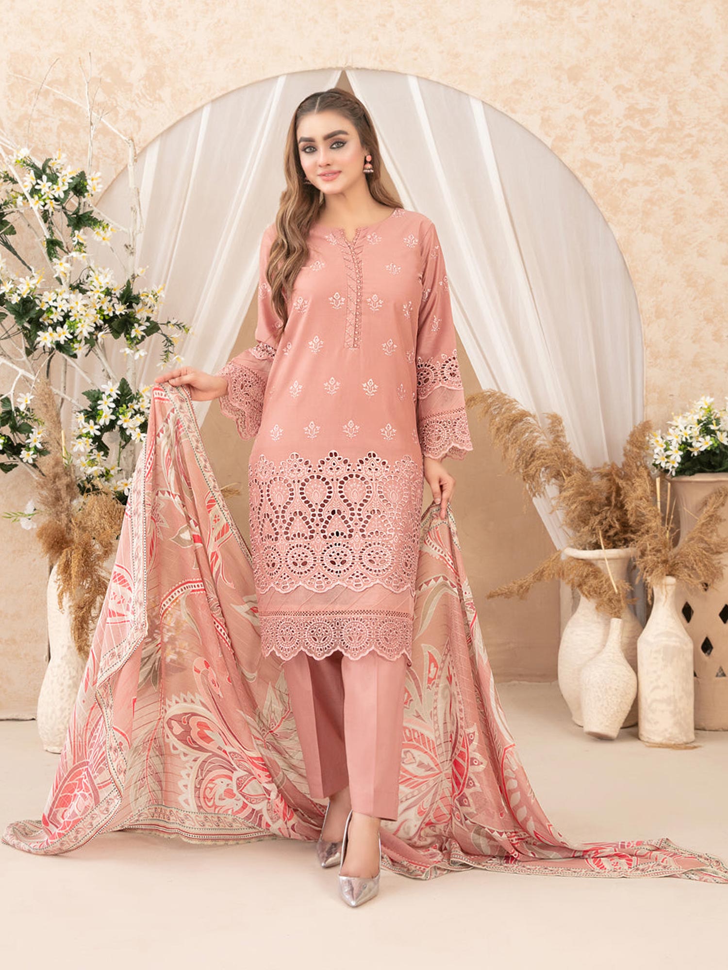 Tawakkal "Neli" 3-Piece Schiffli Lawn Suit (D3514) - Peach