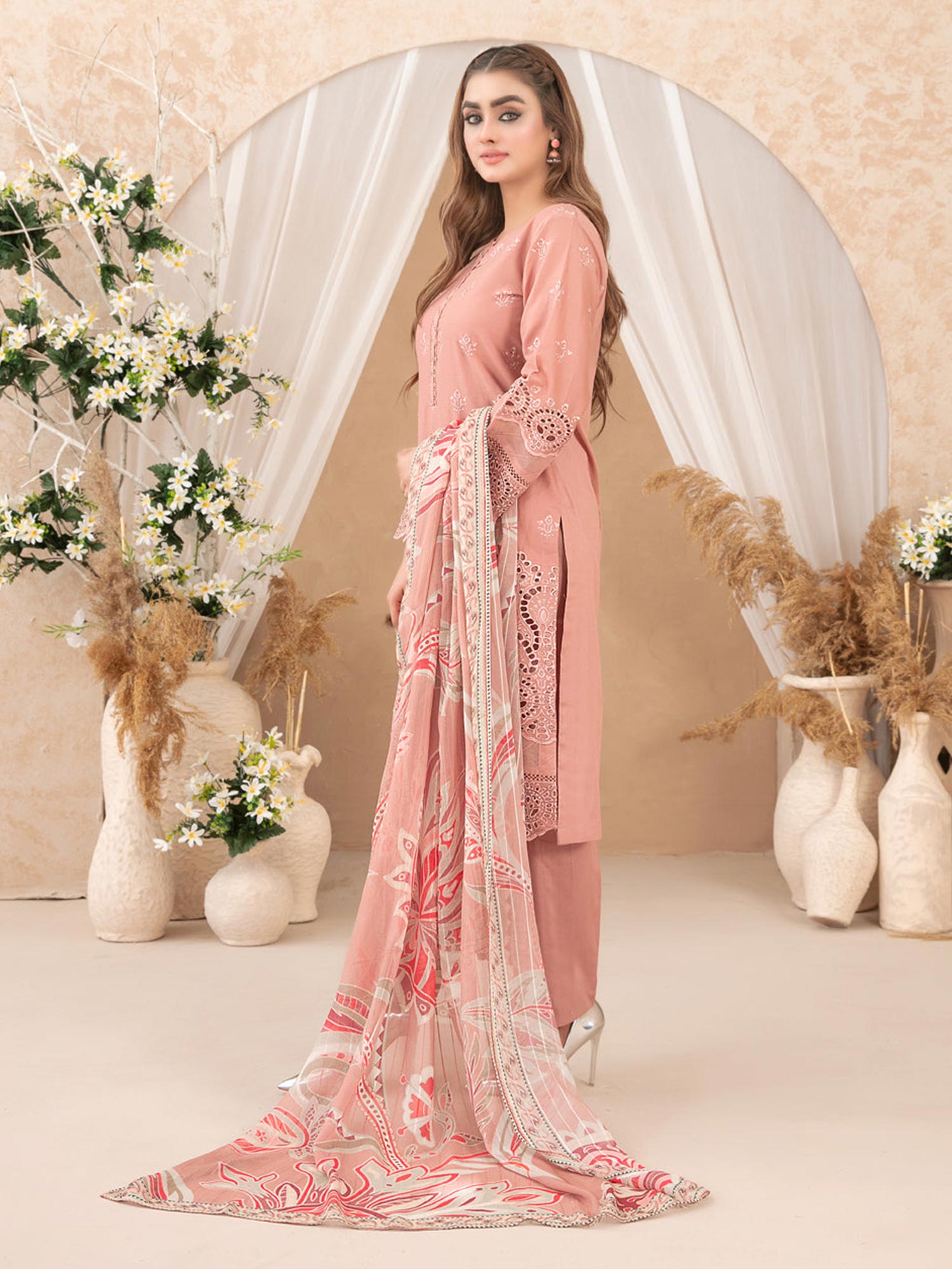 Tawakkal "Neli" 3-Piece Schiffli Lawn Suit (D3514) - Peach
