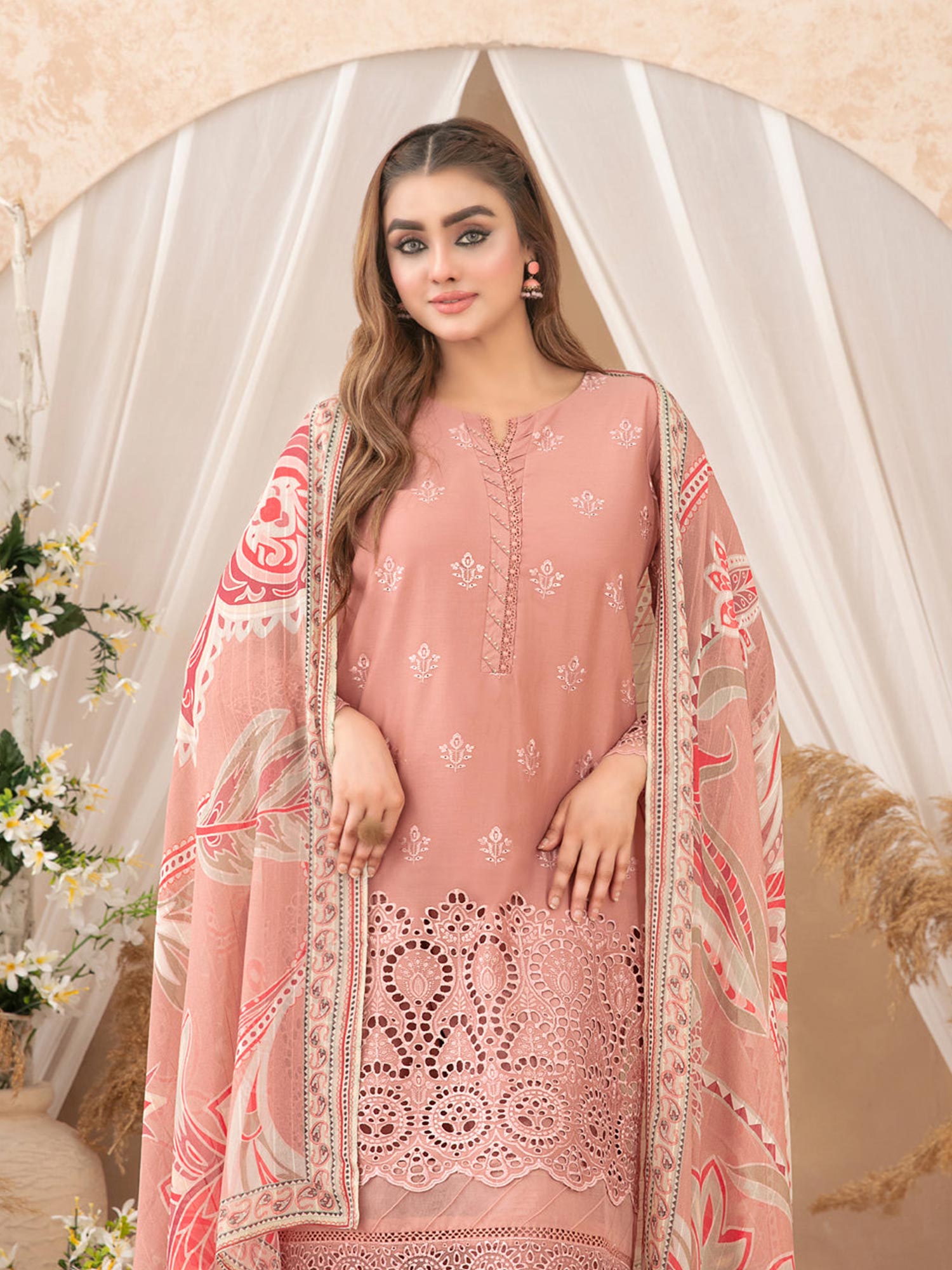 Tawakkal "Neli" 3-Piece Schiffli Lawn Suit (D3514) - Peach