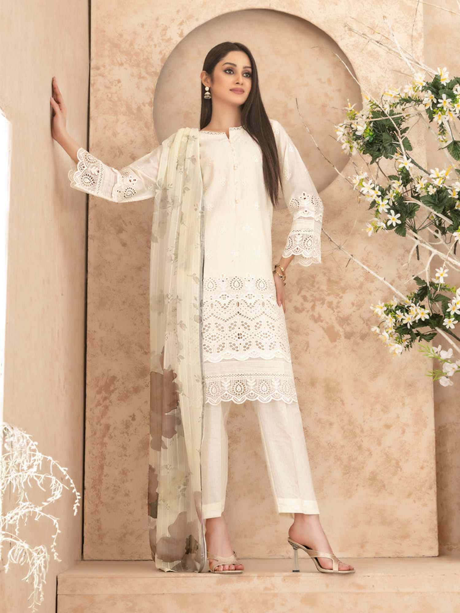 Tawakkal "Neli" 3-Piece Schiffli Lawn Suit (D3515) - Cream