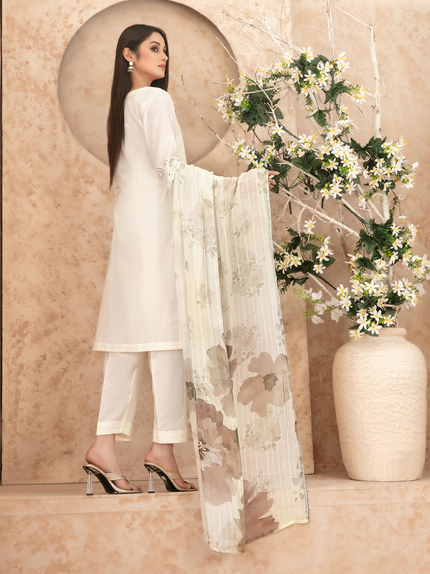Tawakkal "Neli" 3-Piece Schiffli Lawn Suit (D3515) - Cream