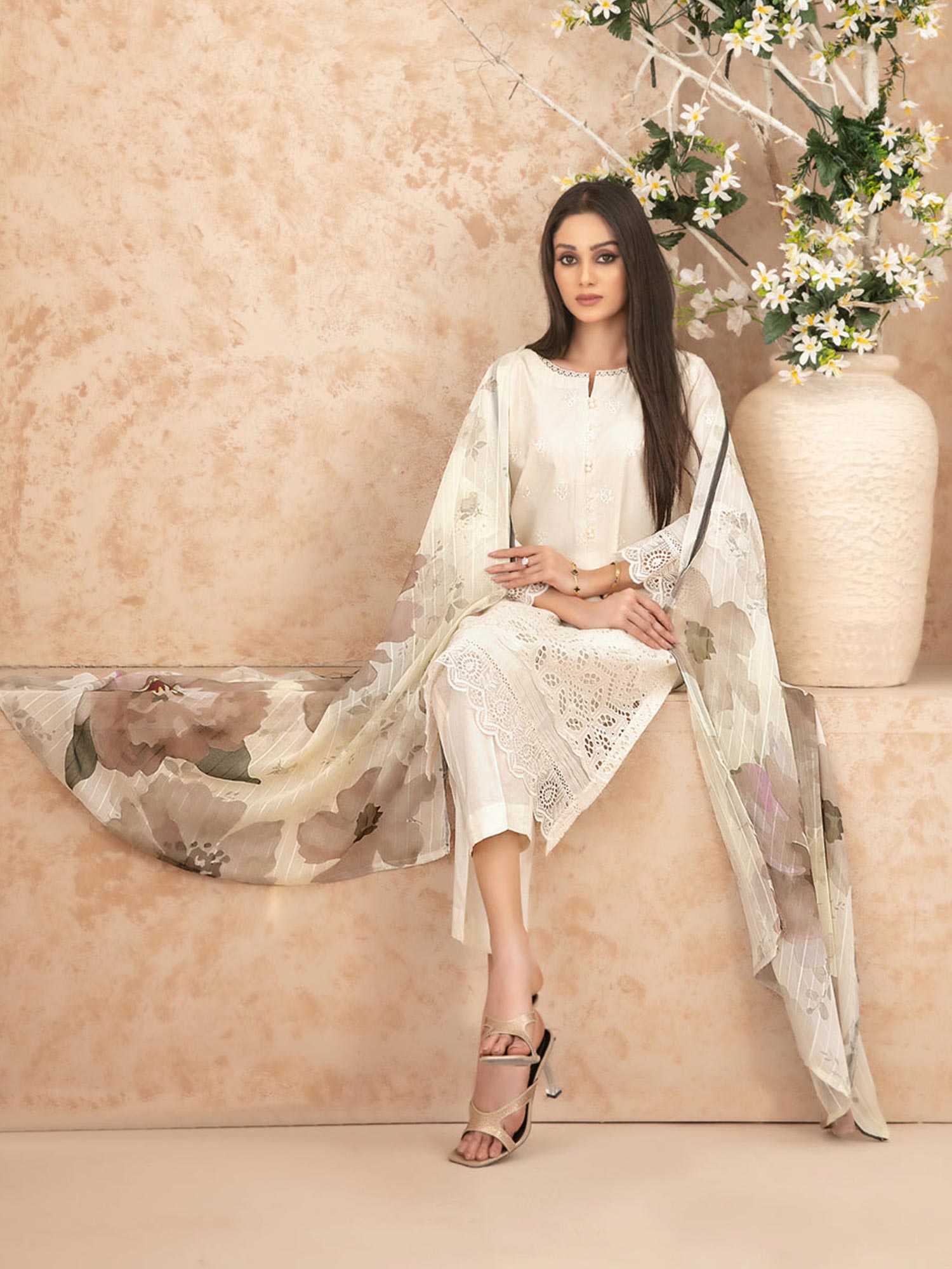 Tawakkal "Neli" 3-Piece Schiffli Lawn Suit (D3515) - Cream