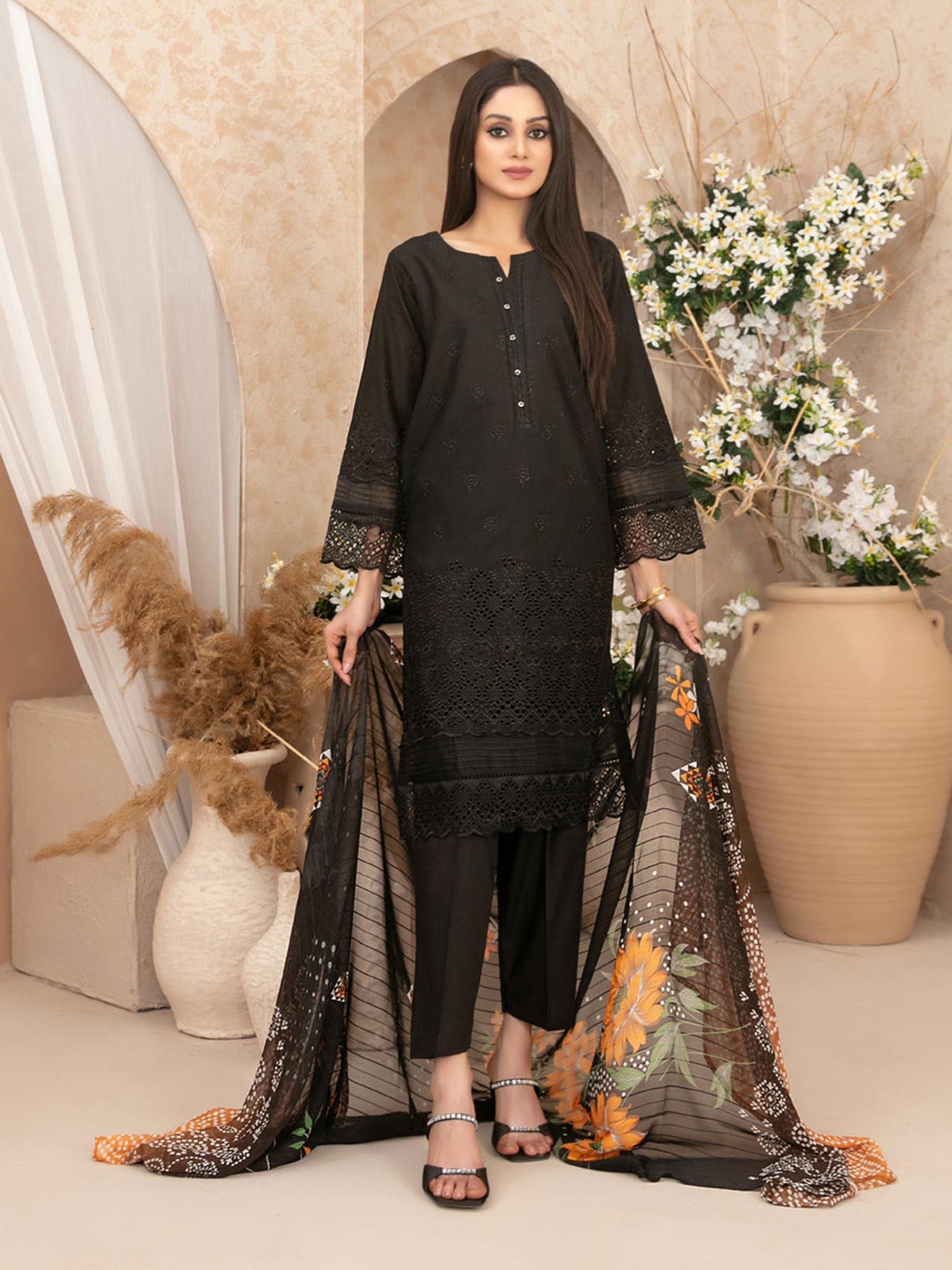 Tawakkal "Neli" 3-Piece Schiffli Lawn Suit (D3518) - Black