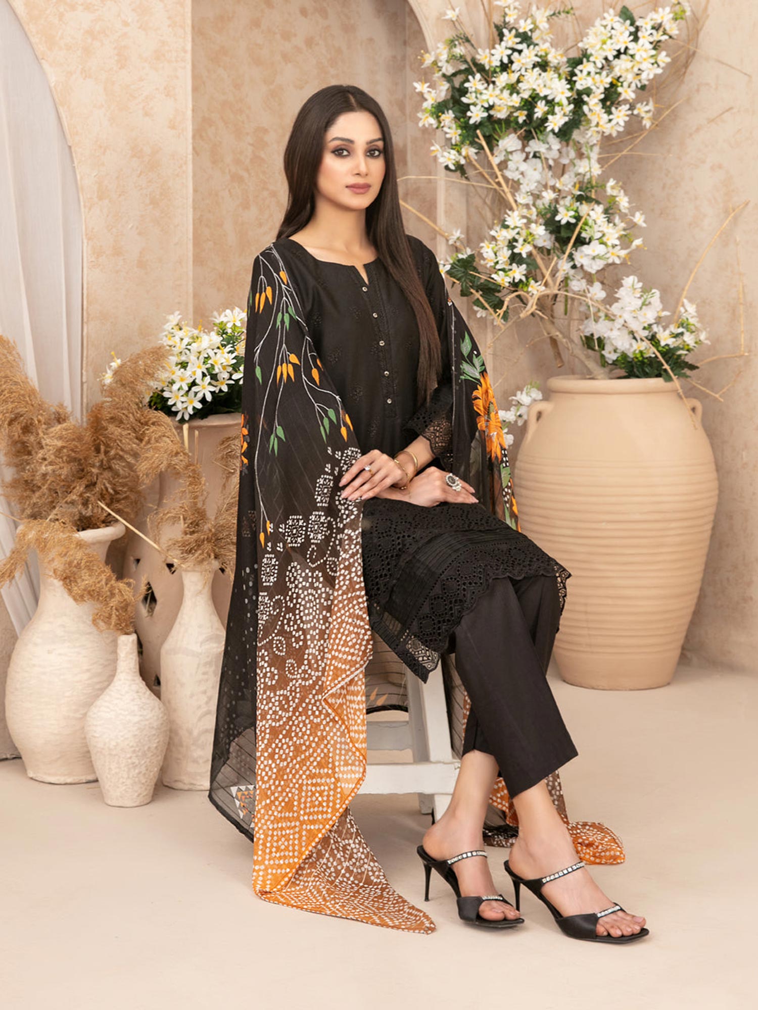 Tawakkal "Neli" 3-Piece Schiffli Lawn Suit (D3518) - Black