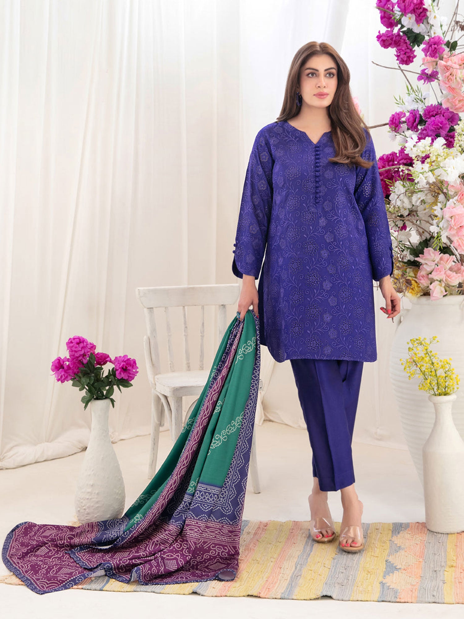 Tawakkal "Tabana" Embroidered Staple Linen Suit (D3713) - Cobalt Blue