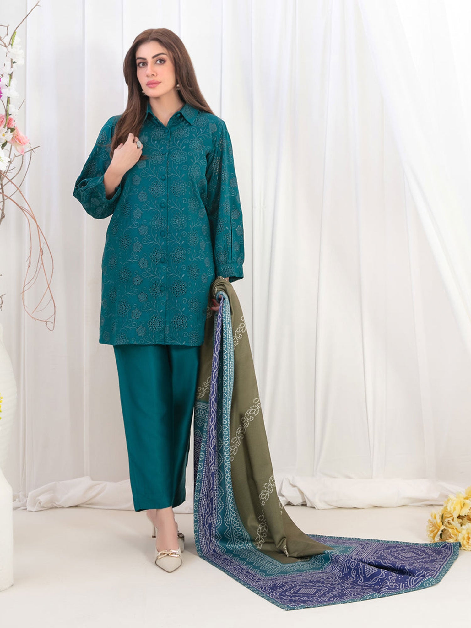Tawakkal "Tabana" Embroidered Staple Linen Suit (D3714) - Teal Green