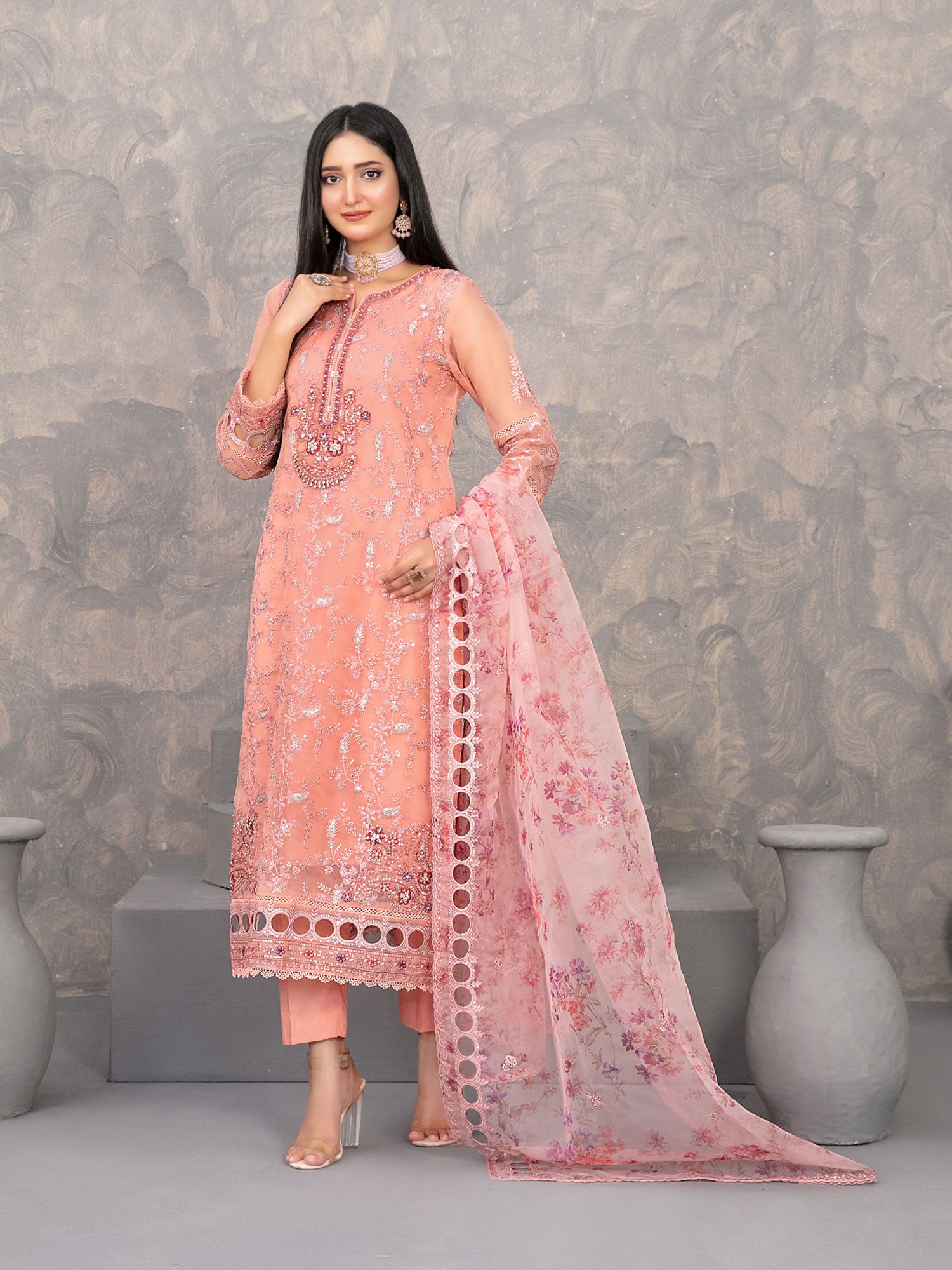 Tawakkal "Dilkash" Heavy Embroidered Organza Suit (D4270) - Peach