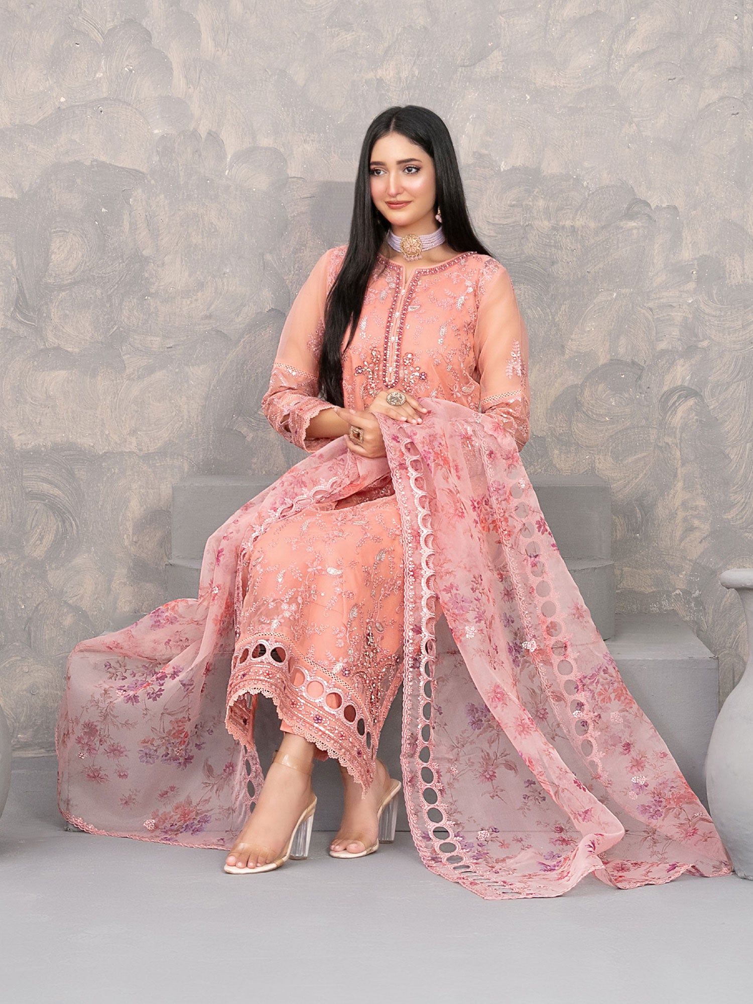 Tawakkal "Dilkash" Heavy Embroidered Organza Suit (D4270) - Peach